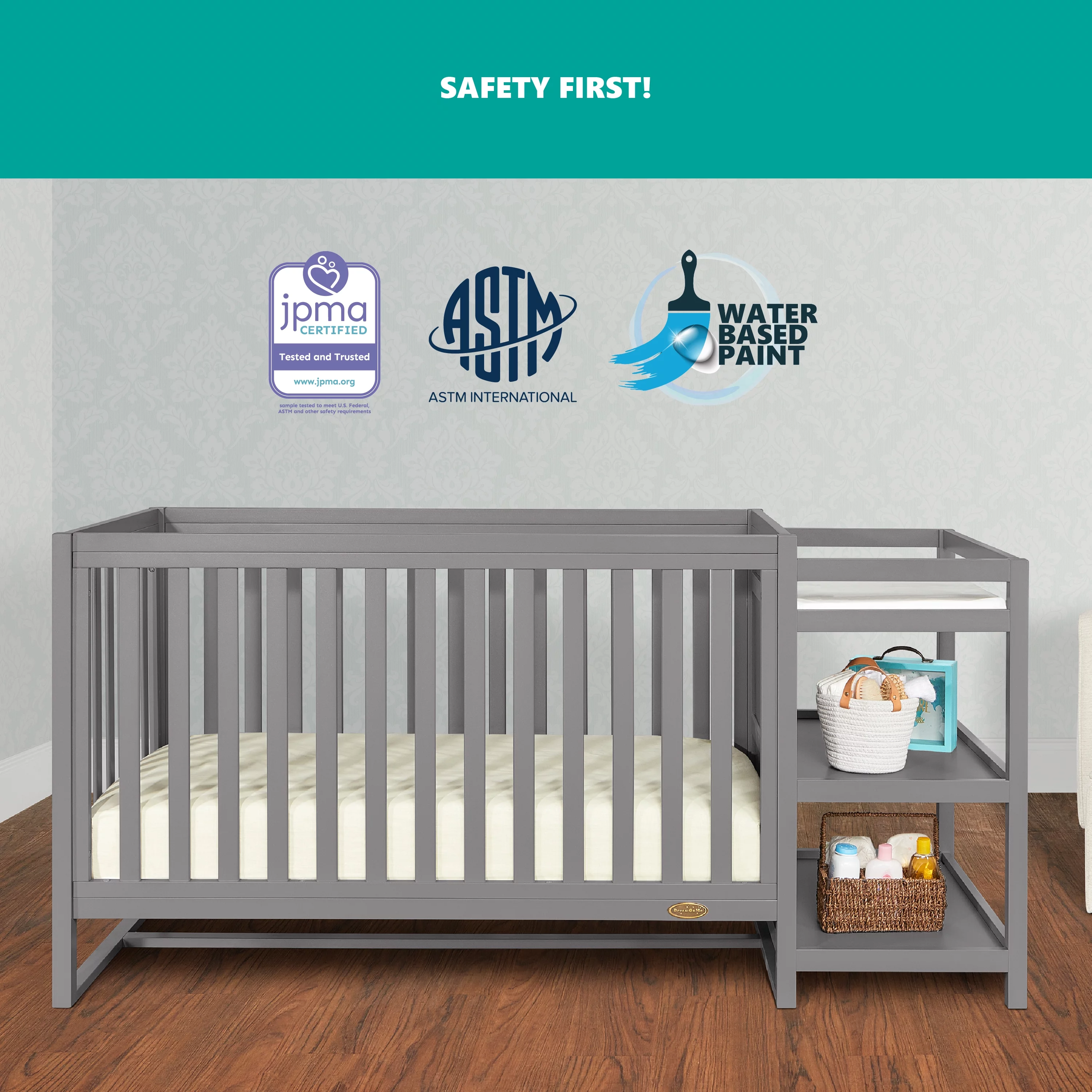 Dream On Me Milo 5-In-1 Convertible Crib and Changing Table I Free Changing Pad, Storm Grey