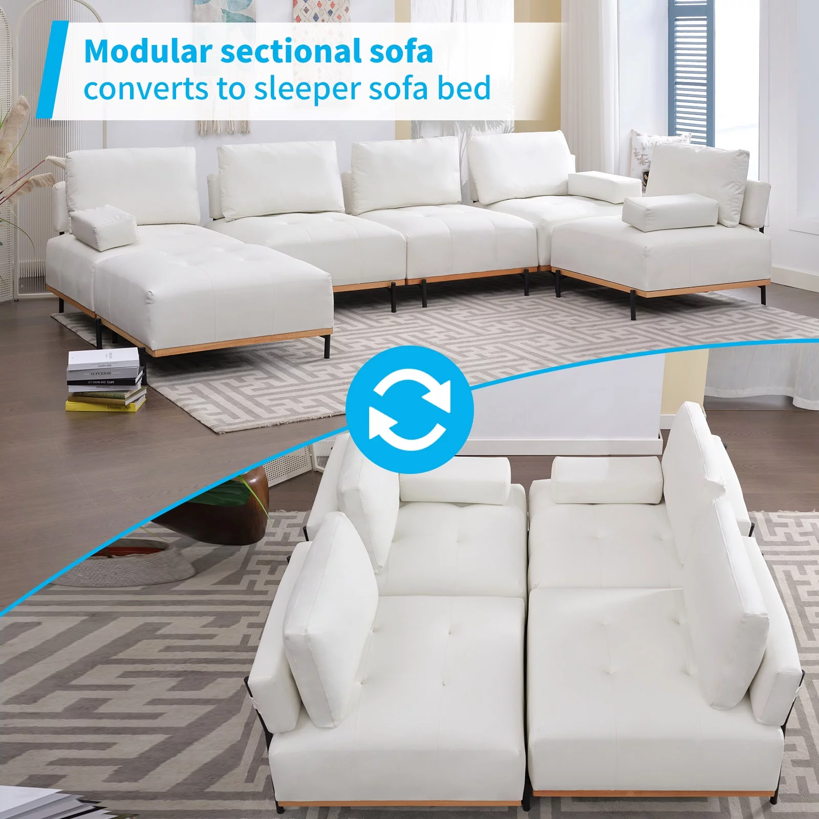 Mjkone Modular Sectional Sofa with Techno Fabric Upholstered, L/U Shaped Free Combination Sofa with Mid-Century Minimalist Design for Living Room, Apartment- 4-Seat with 2 Ottomans Beige