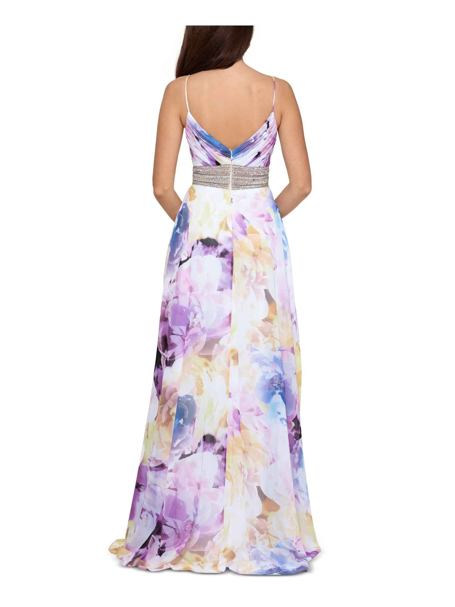 XSCAPE Womens Purple Embellished Slitted Floral Spaghetti Strap V Neck Full-Length Formal Fit + Flare Dress 2