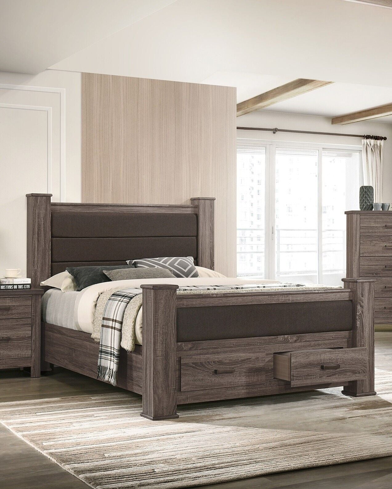 Natural Grey Finish 1pc Queen Size Bed Wooden Bedroom Furniture Drawers Footboard Upholstered Bedframe HB