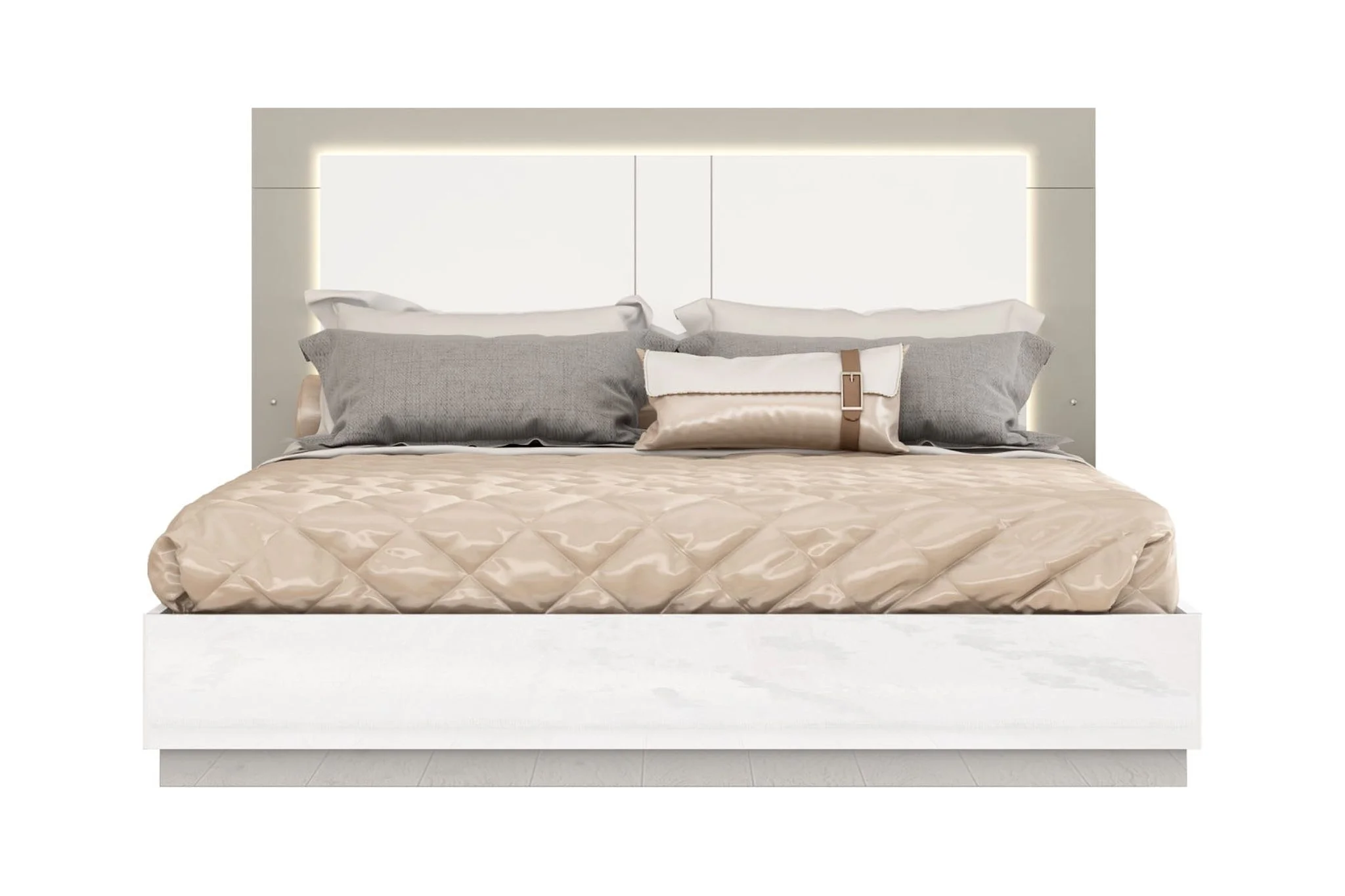 HomeRoots 486086 High Gloss Bed Frame with LED Headboard, White & Taupe - Queen Size