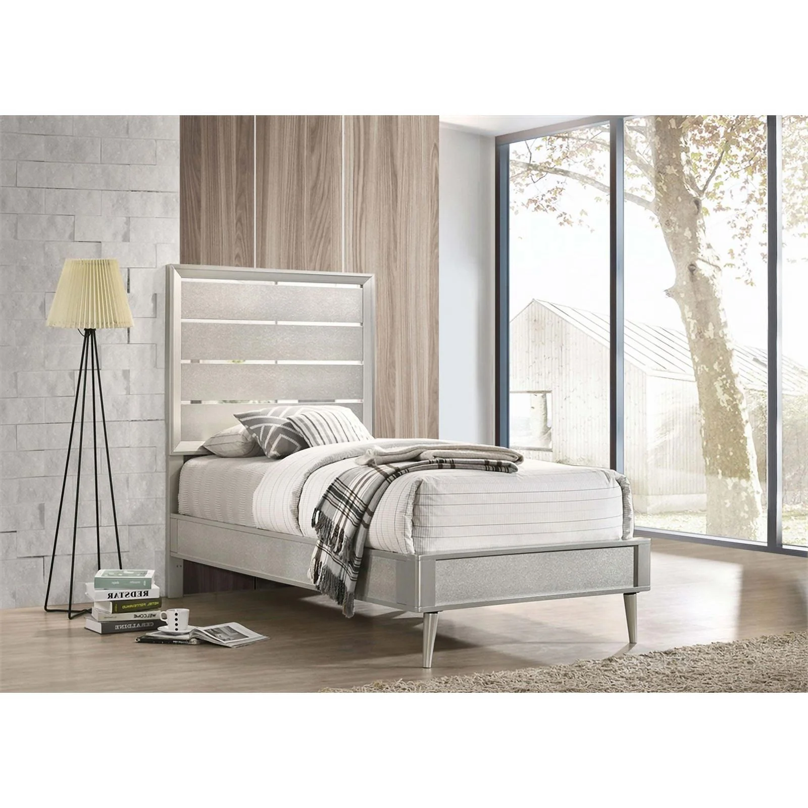 Pemberly Row Contemporary Wood Twin Panel Bed Metallic Silver