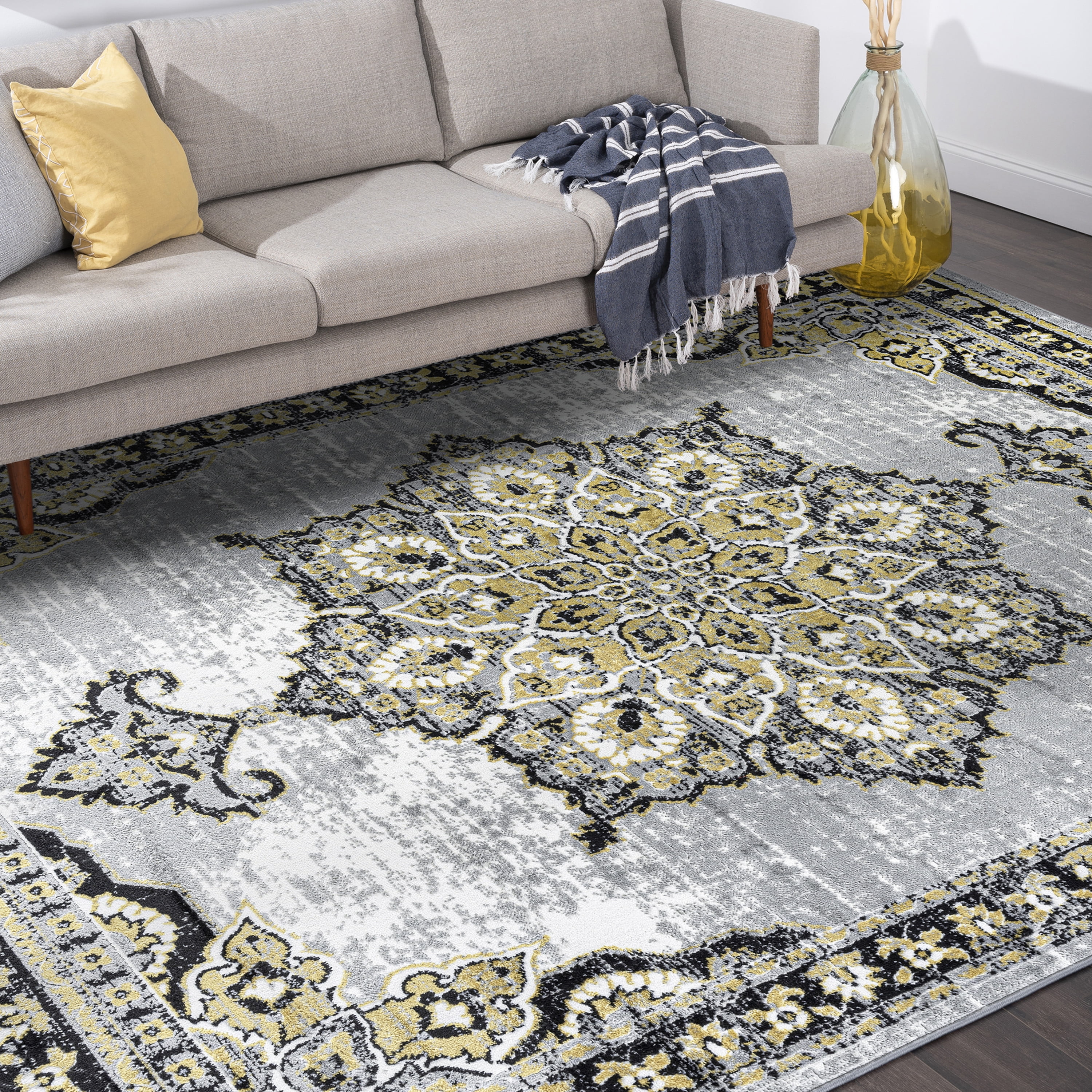 Traditional 5x8 Area Rug (5'3'' x 7'3'') Oriental Yellow, Gray Living Room Easy to Clean