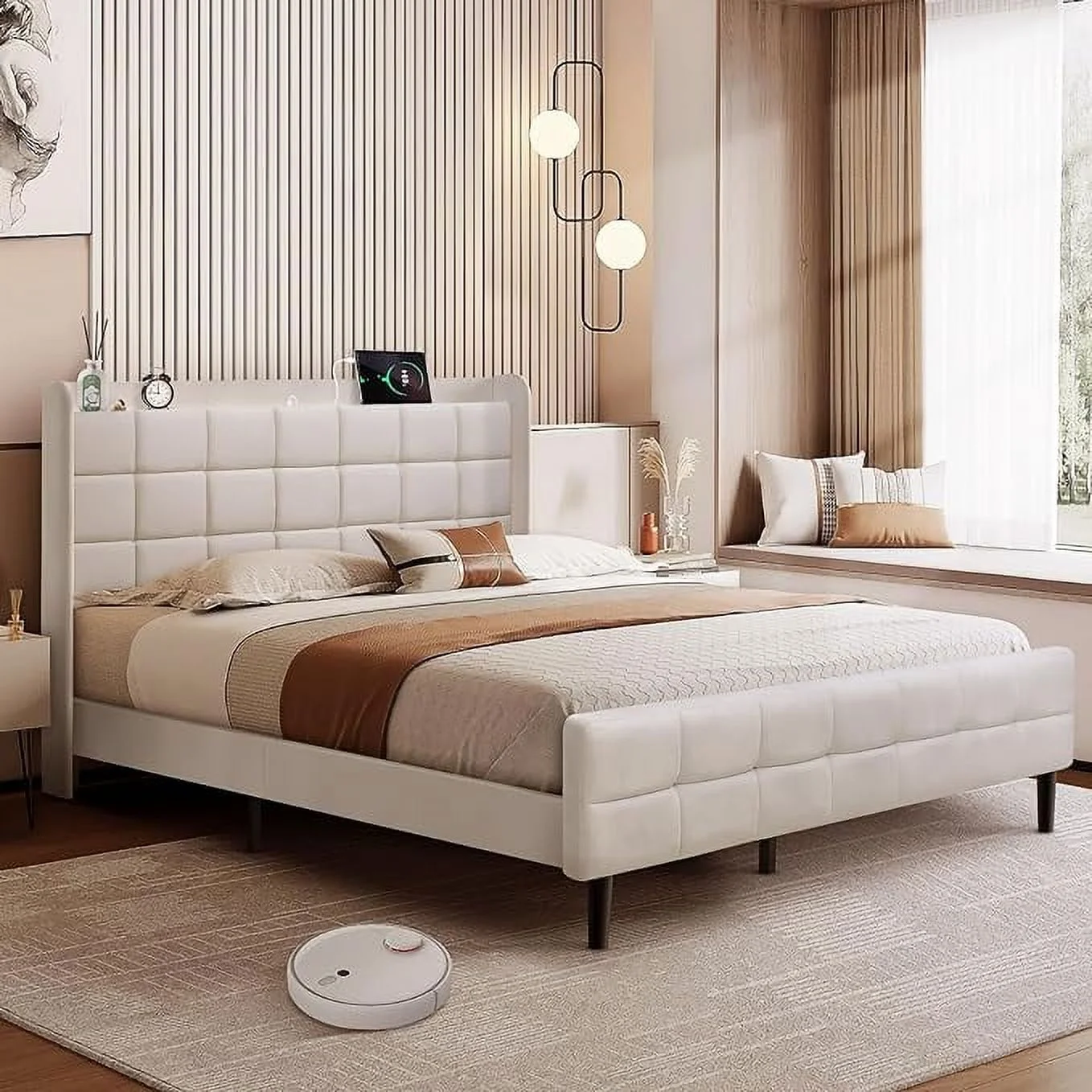 moobody Full Size Bed Frame with USB & Type-C Ports, Full Platform Bed Frame with Wingback Storage Headboard, Velvet Upholstered, Heavy Duty Wood Slats, Easy Assembly, No Box Spring Needed, Beige