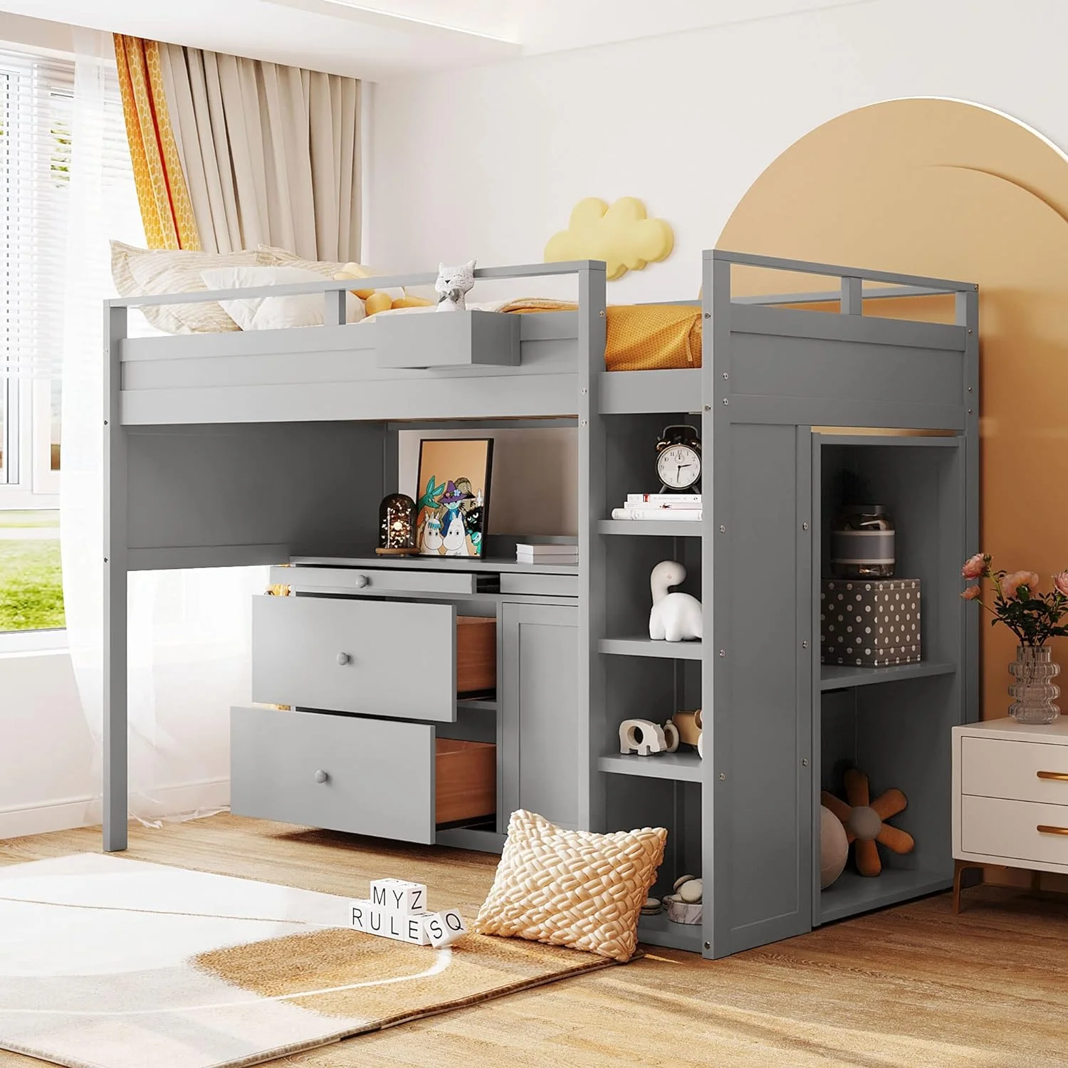 Twin Size Loft Bed with Rolling Cabinet, Desk and Drawers, Wood Twin Loft Bed Frame with Beside Storage Basket, Gray