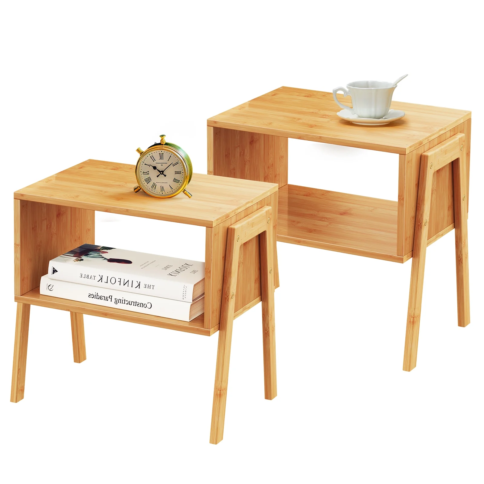 2-Pack Square Bamboo Stackable End Tables Bedside Table Nightstand with Storage Shelf for Bedroom Livingroom