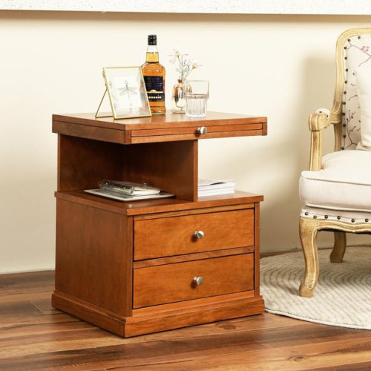 Teledu 2 Drawer Brown Wooden Bachelor Cabinet With Pull Out Sliding Top Night Stand