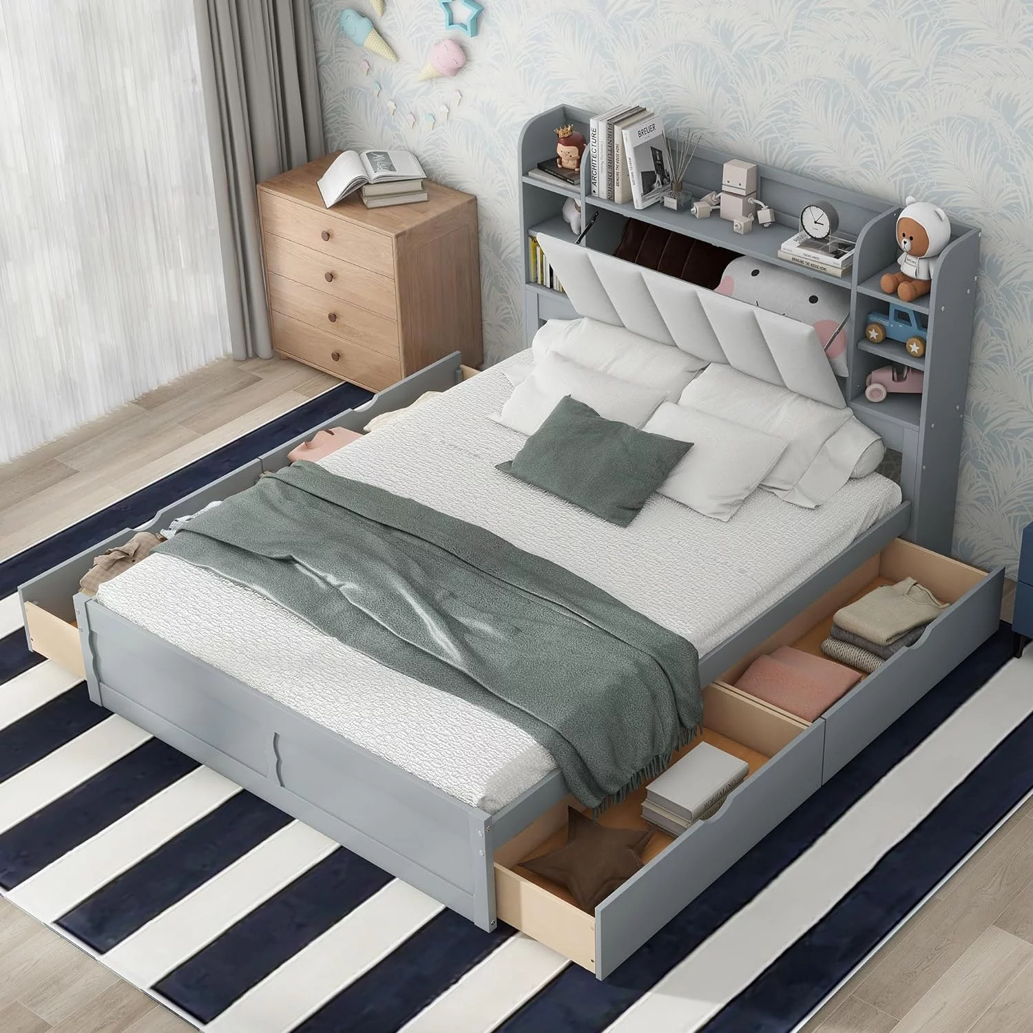 Wood Queen Bed With Storage Headboard And 4 Drawers, Queen Platform Bed Frame With Bookshelf And Slats Support, For Kids Teens Adults - Gray