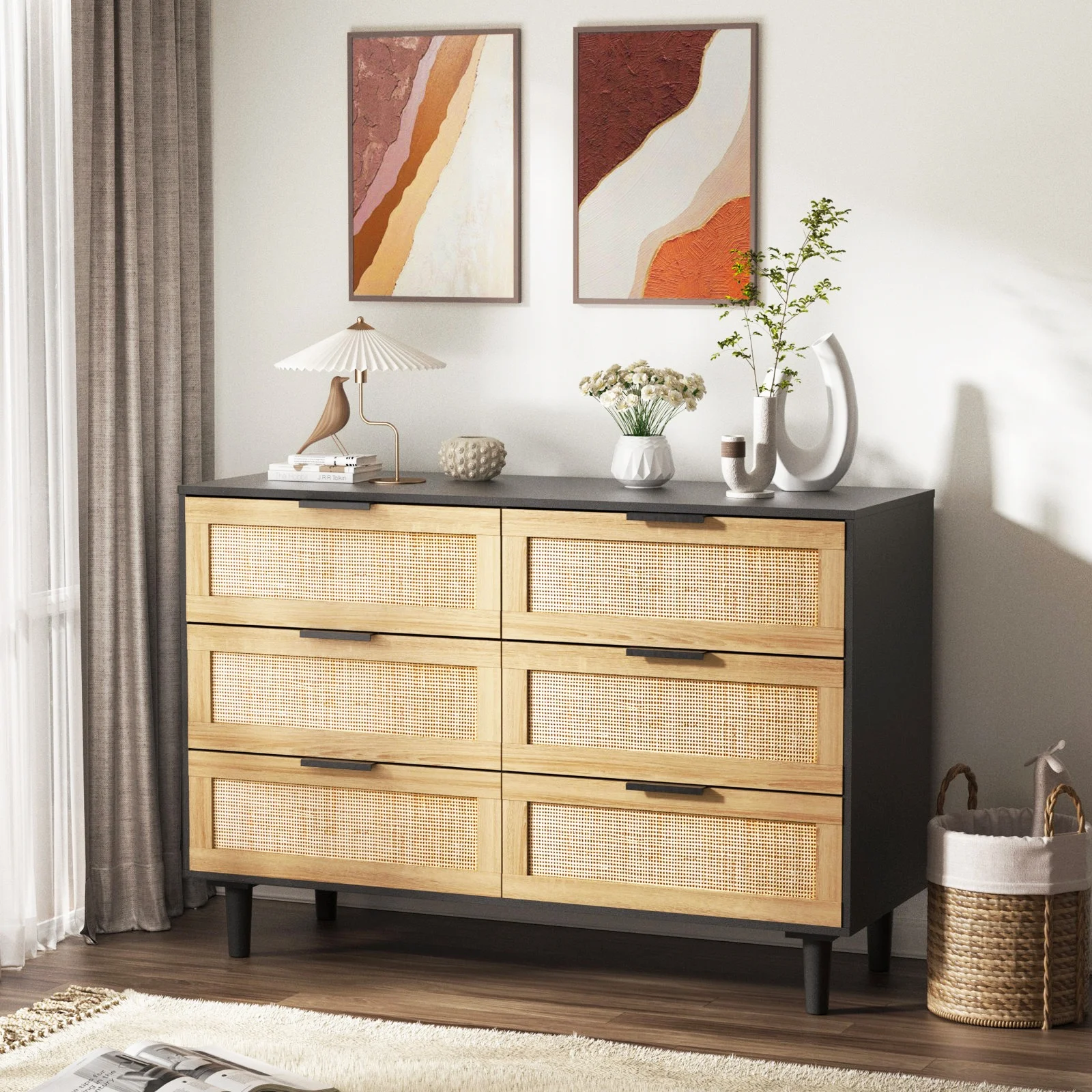 Glavbiku Modern 6 Drawers Rattan Dresser Table with Metal Handles Cabinet for Bedroom,Black,Adult