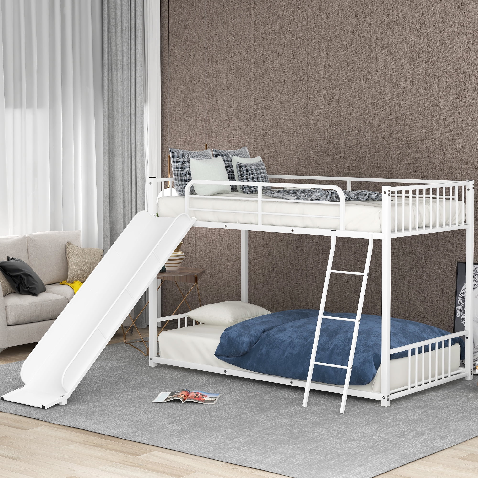 Euroco Metal Twin over Twin Bunk Bed With Slide for Kids Bedroom, White