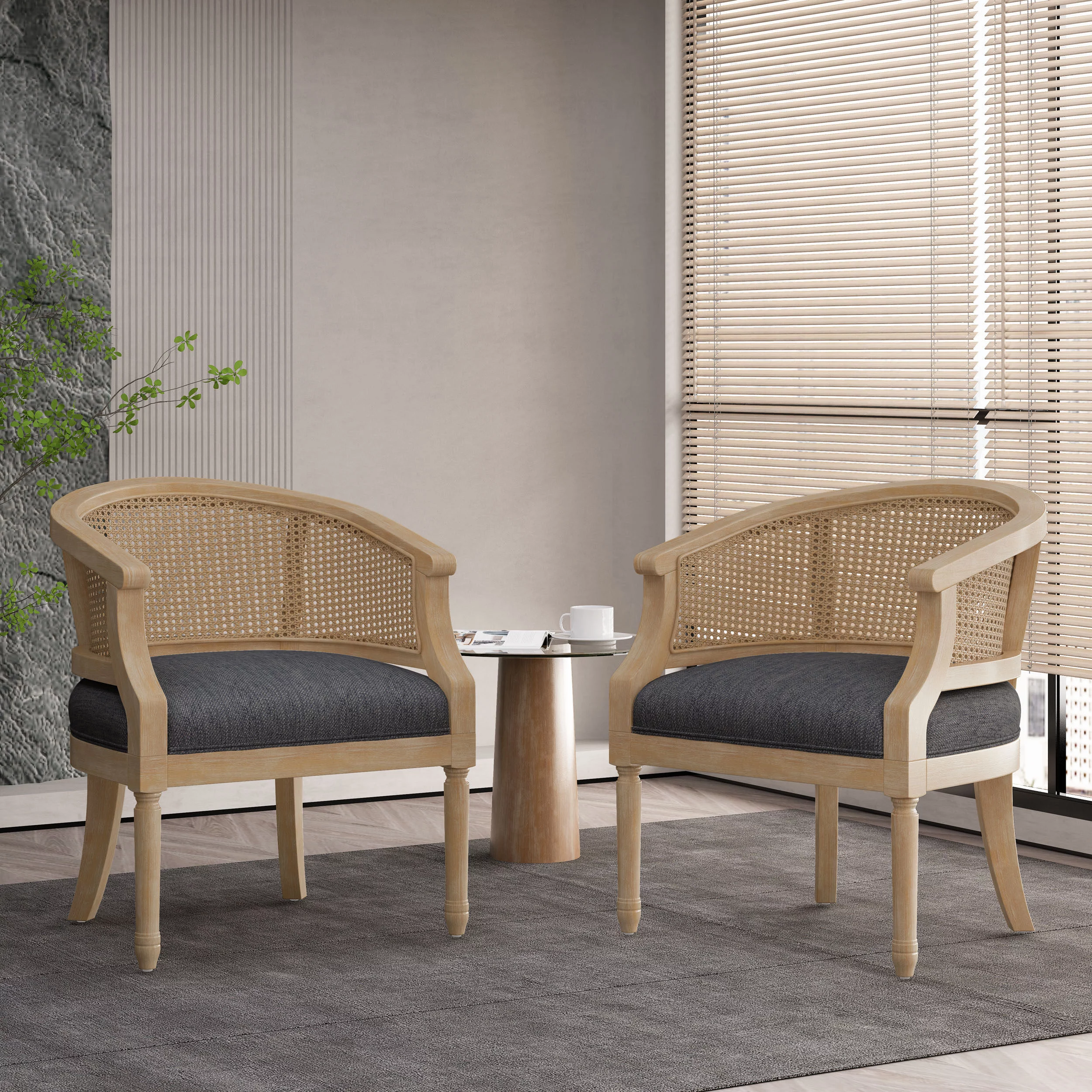 Noble House Silkie Wood and Cane Club Chair, Set of 2, Charcoal