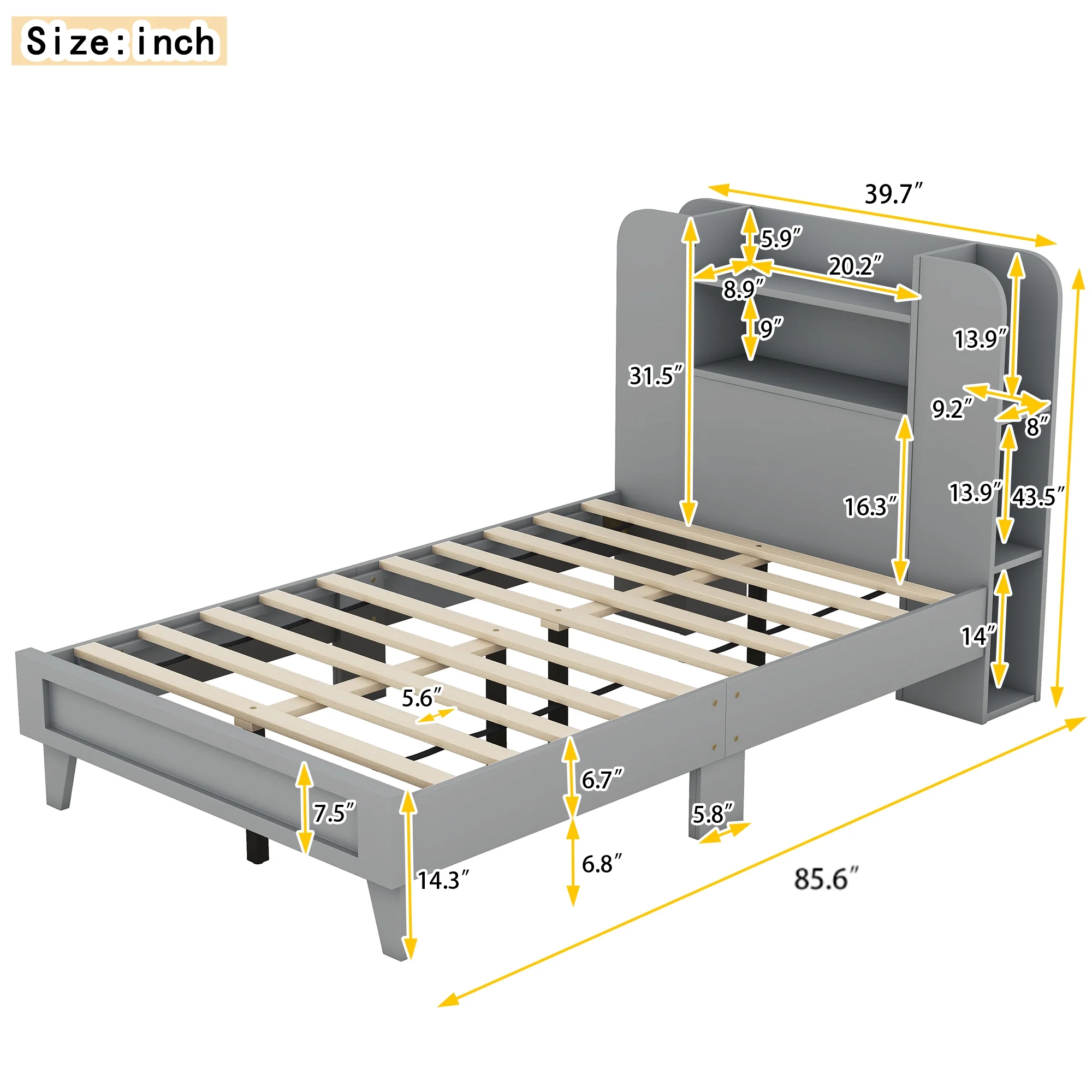 Churanty Twin Size Platform Bed Frame with Storage Headboard,Platform Bed Frame with Multiple Storage Shelves on Both Sides,Grey