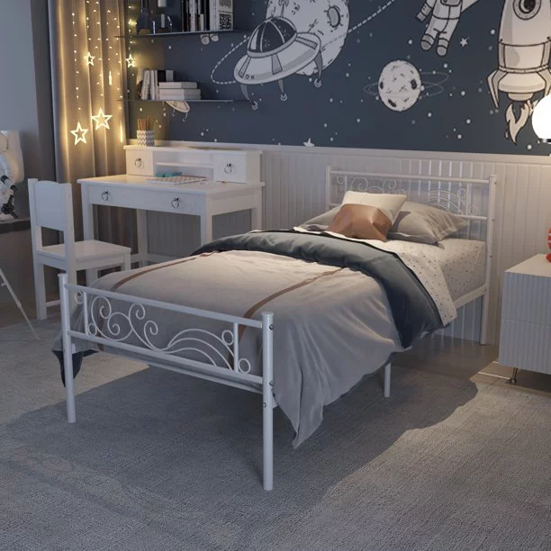 Metal Platform Bed Frame Twin Size Single Bed frame with Wave Headboard & Footboard Bedroom