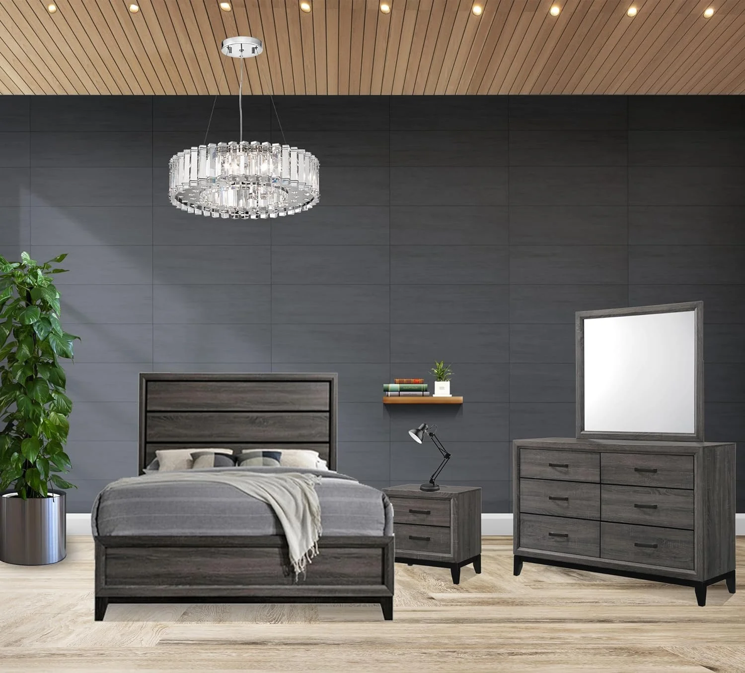 Kings Brand Furniture – Ambroise 4-Piece Queen Size Bedroom Set, Grey/Black. Bed, Dresser, Mirror & 1 Nightstand