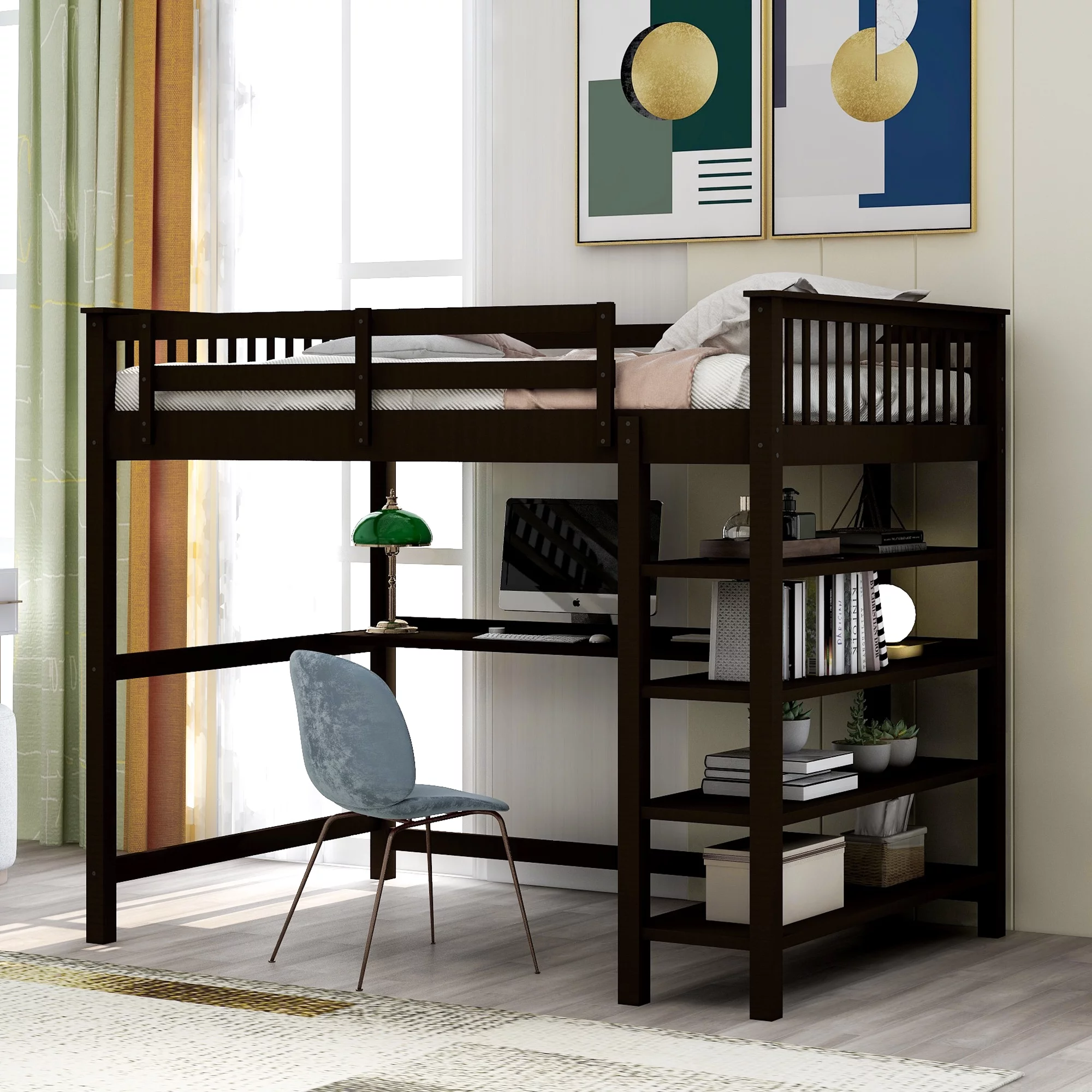 Euroco Wood Full Loft Bed with Desk & Shelves, Brown