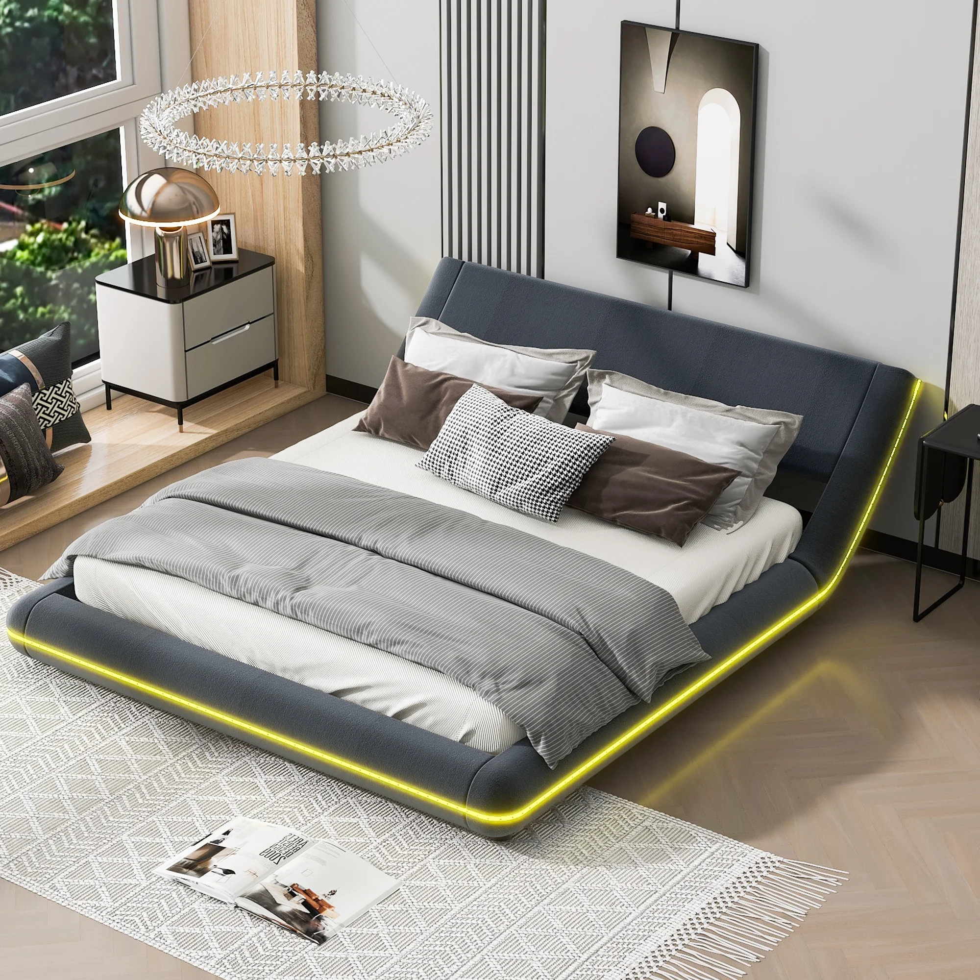 Queen Size Upholstery Platform Bed Frame with Sloped Headboard - Elegant Gray Finish