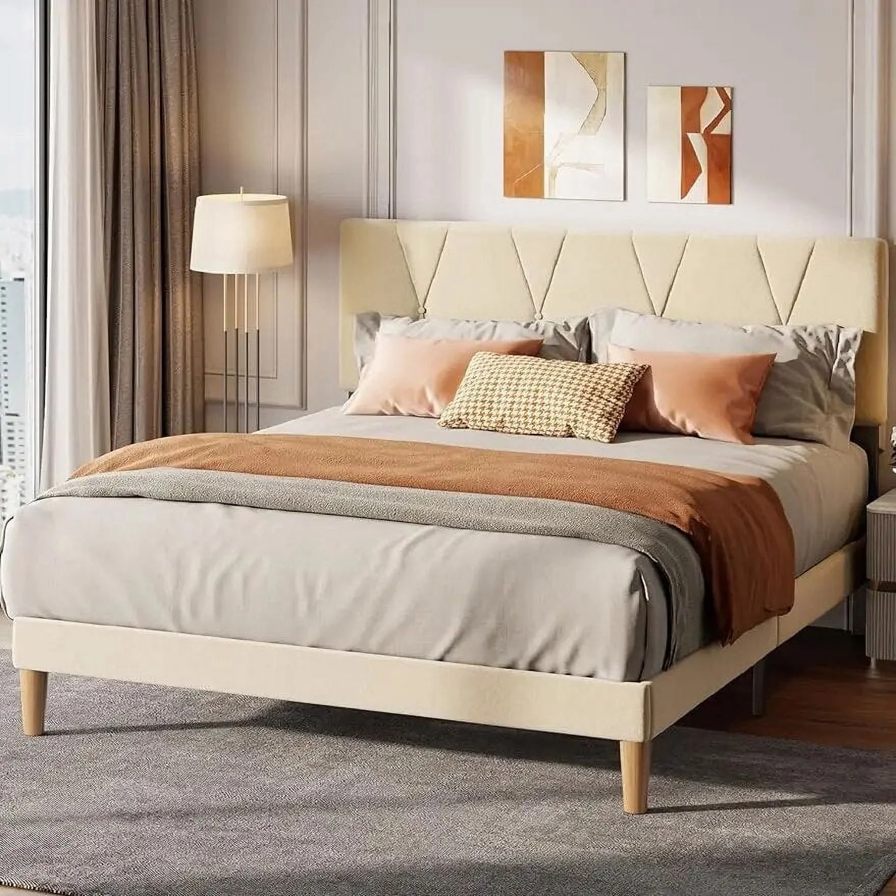 Gizoon Queen Bed Frame with Adjustable Velvet Headboard, Upholstered Platform Bed Frame with Sturdy Metal Frame