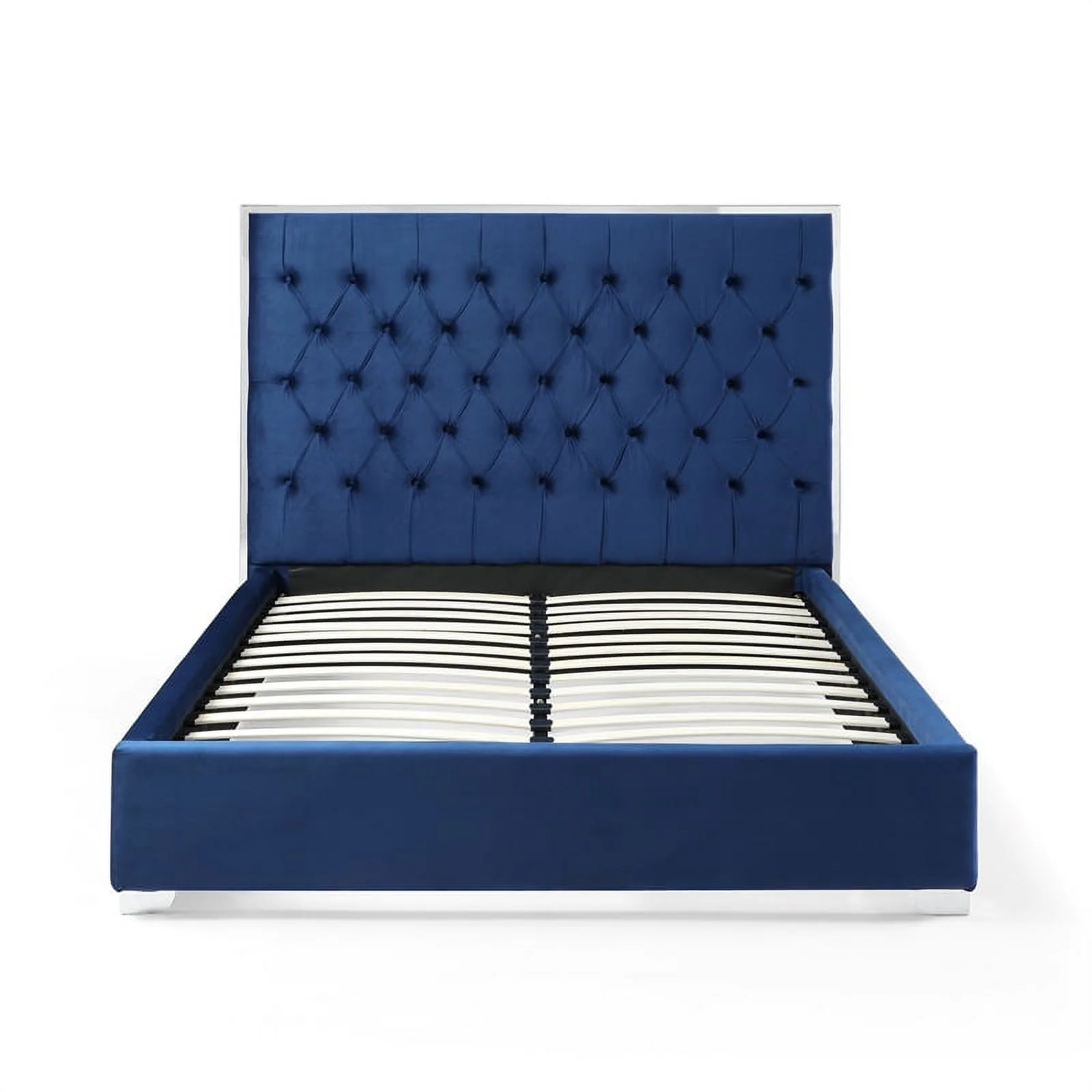 Better Home Products Sophia Velvet King Bed with Silver Metal Frame in Blue