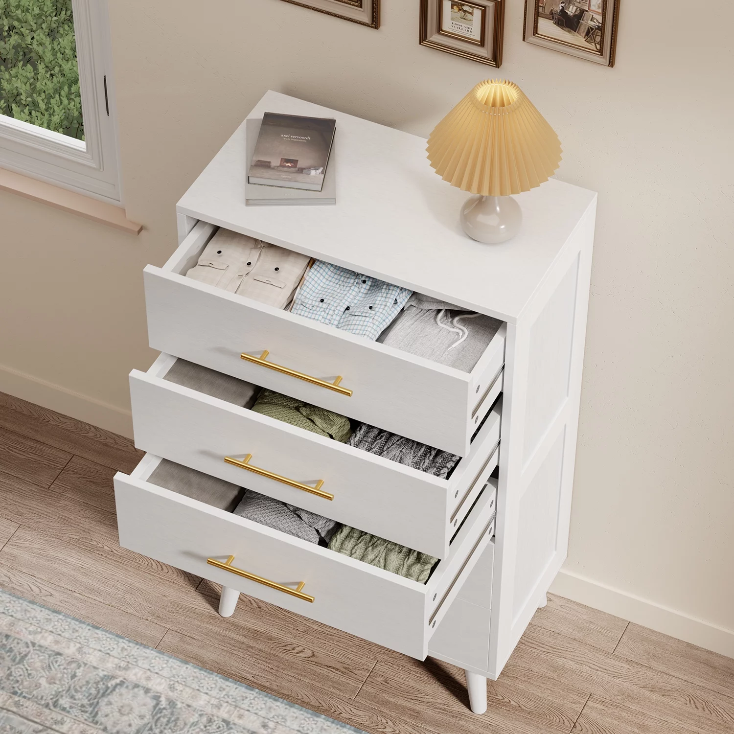5 Drawer Dresser for Bedroom, Lofka Tall Chest of Drawers with Metal Handles, Wood Storage Organizer Dresser Nursery Dresser, White