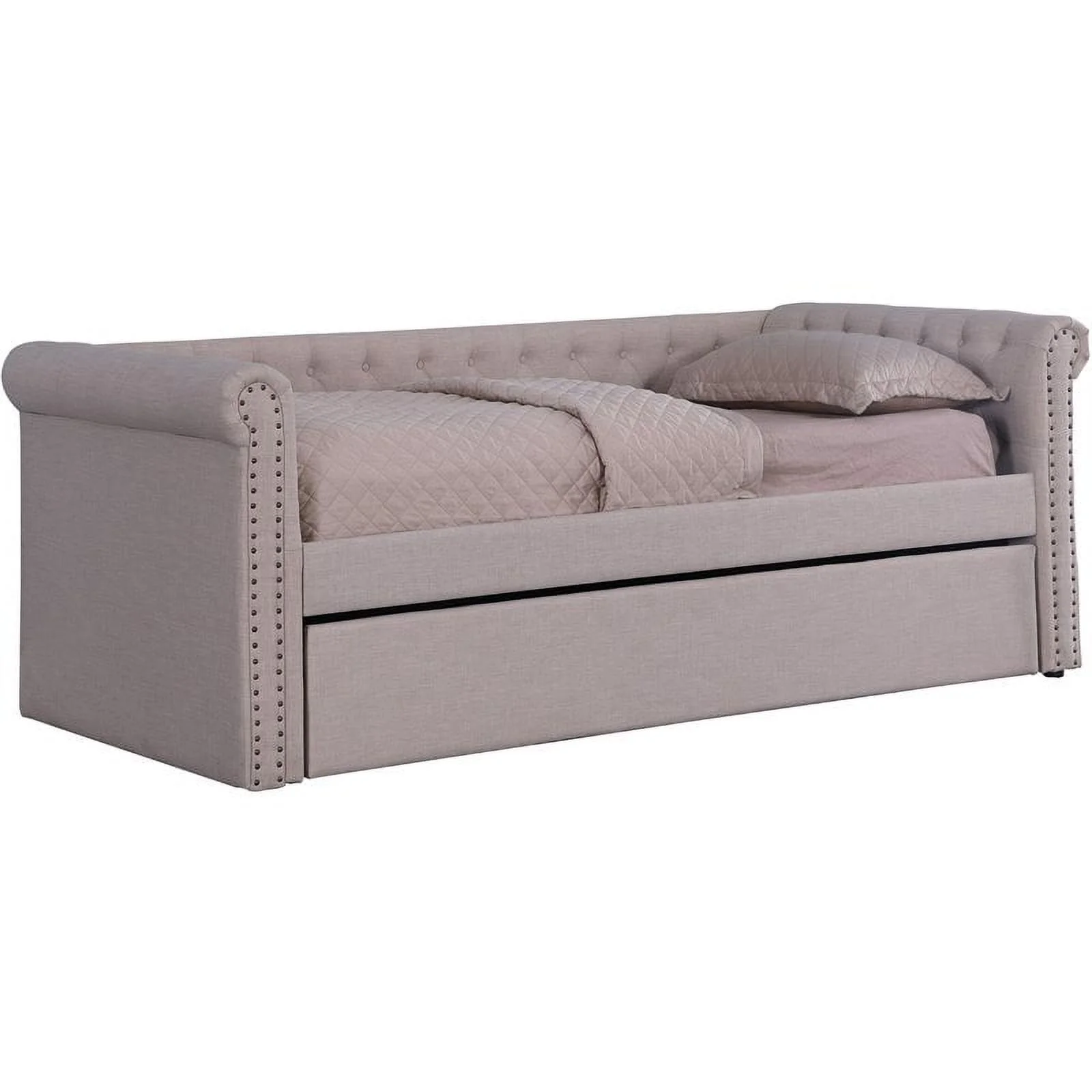 Bowery Hill Transitional Fabric Tufted Daybed with Trundle in Beige