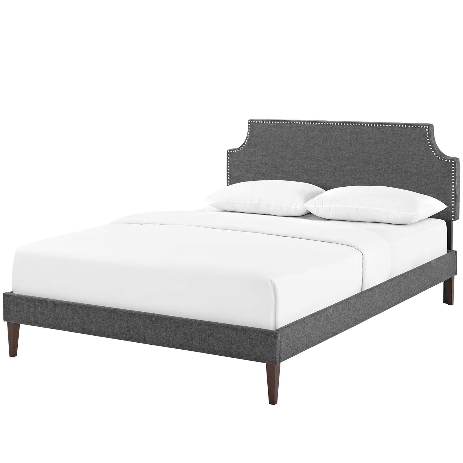 Modern Contemporary Urban Design Bedroom Full Size Platform Bed Frame, Fabric Copper Nail Rivet, Grey Gray