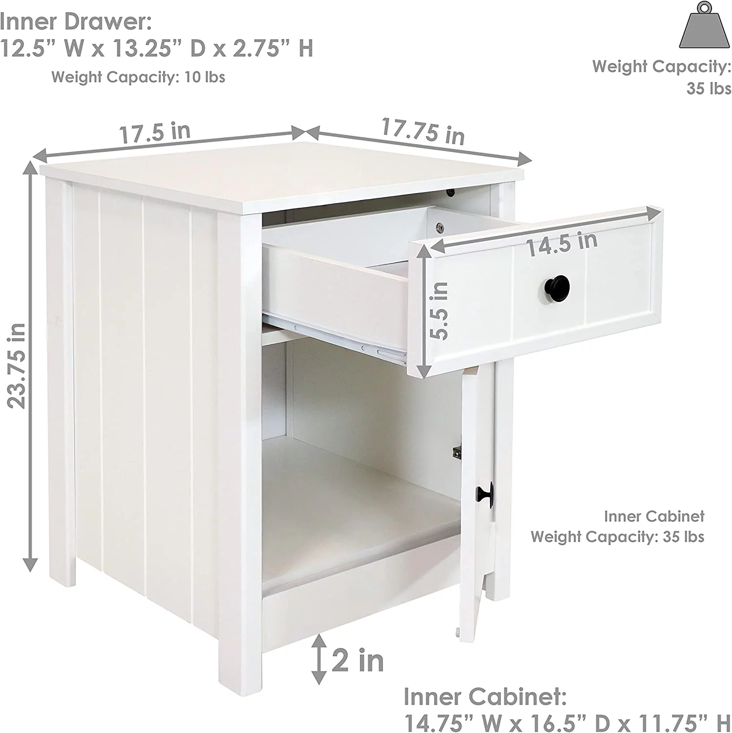 TJUNBOLIFE 23.75-Inch H Beadboard Nightstand with Drawer and Cabinet - End Table for Bedroom or Living Room - White