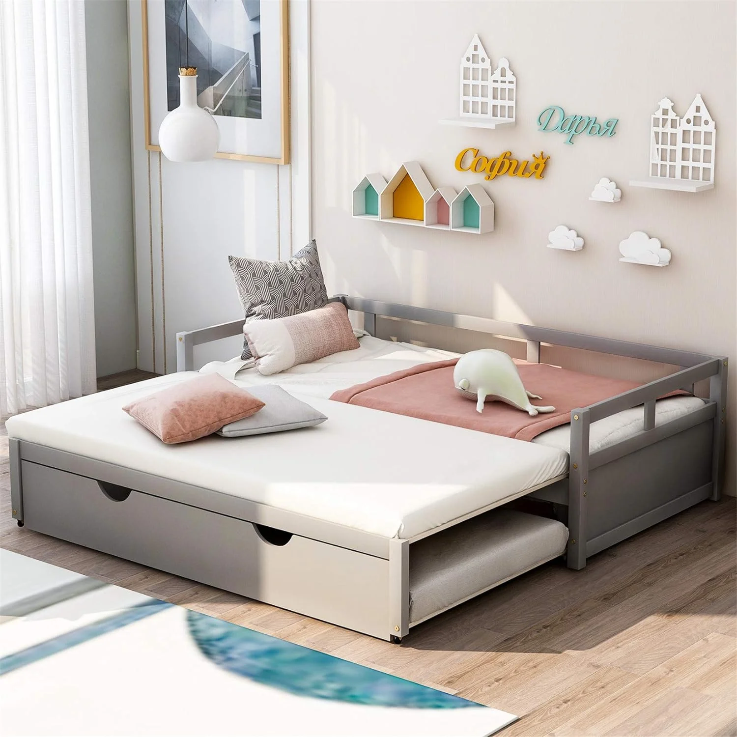 Daybed With Trundle, To King Design Sofa Bed, Wooden Extendable Bed Daybed For Bedroom Living Room, Gray
