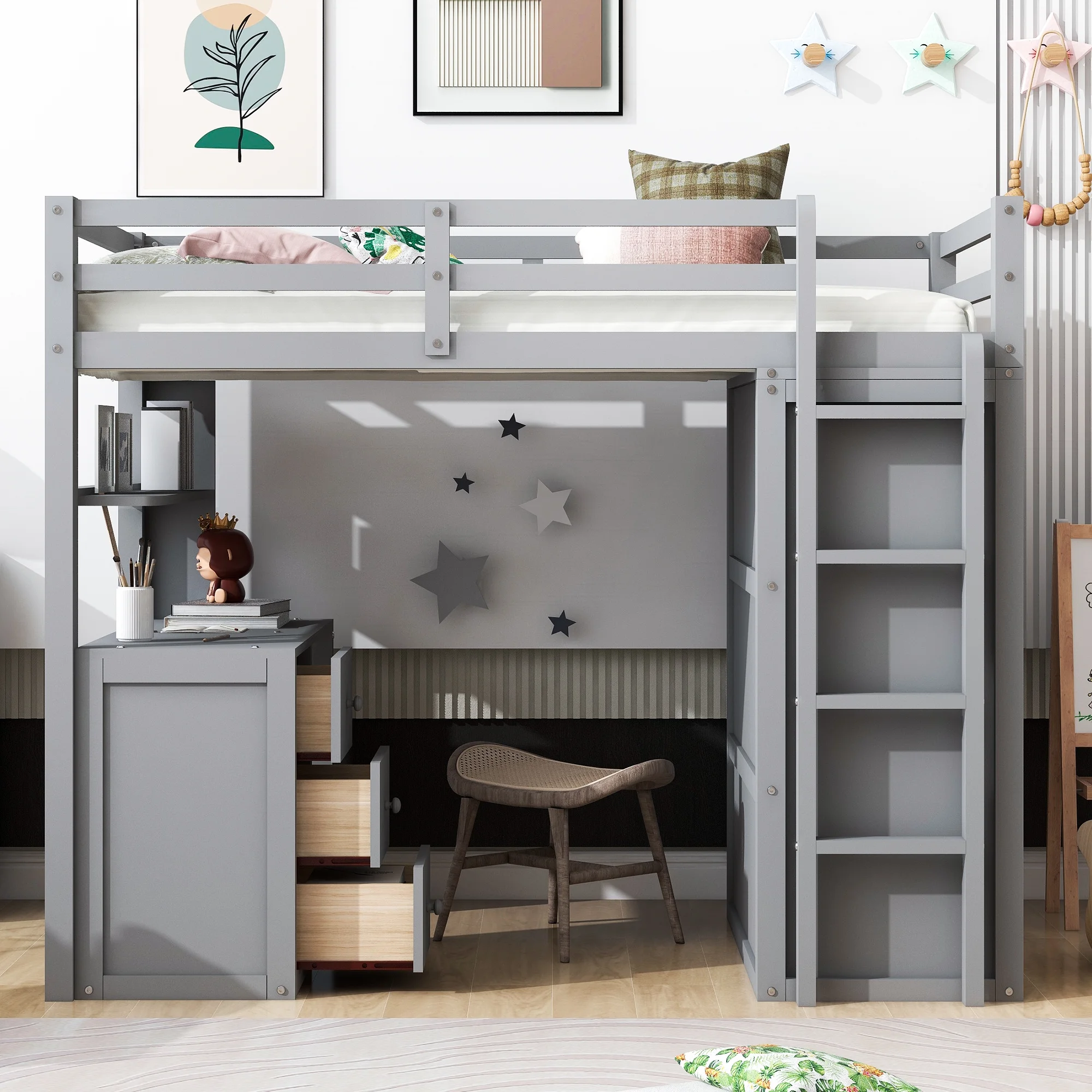 Seizeen Loft Bed with Drawers, Desk and Wardrobe, Modern Twin Size Loft Bed Frame with Ladder and Safety Guardrails, Wooden Twin Loft Bed with Storage for Kids/Teens Bedroom, Gray