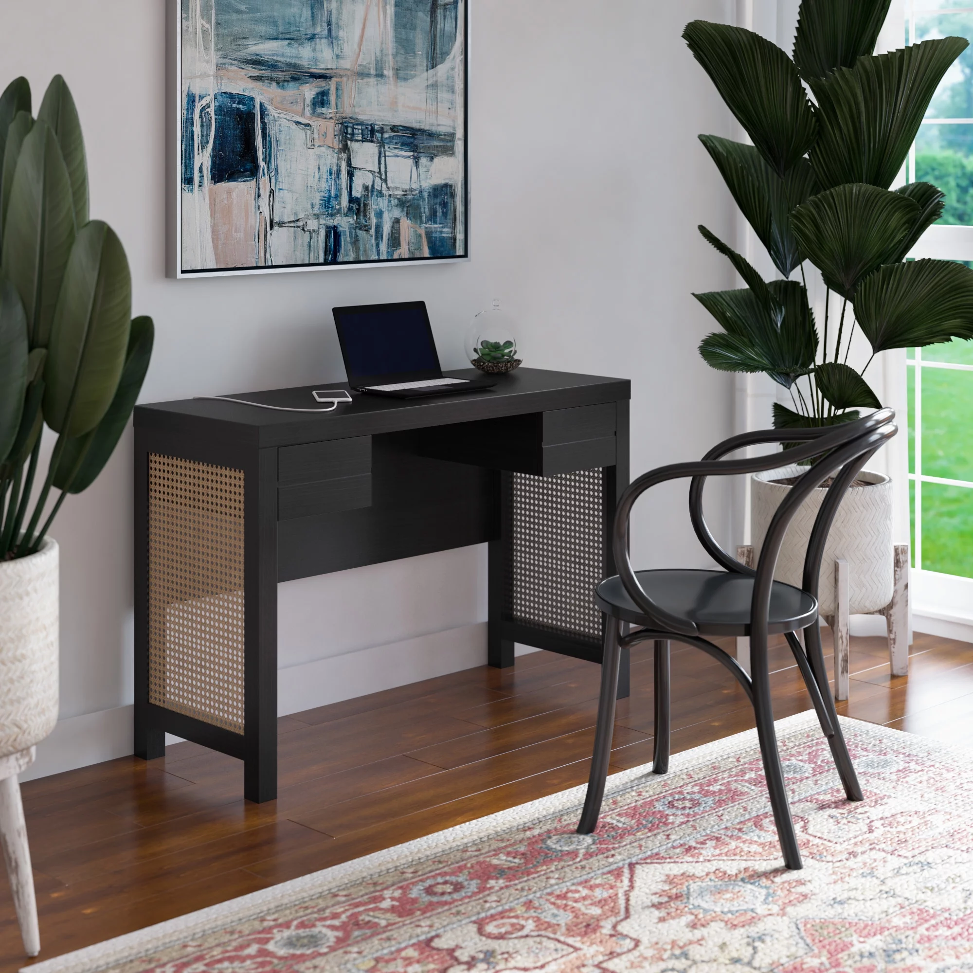 Twin Star Home Desk with USB Charging Ports and Cane Side Panels in Black