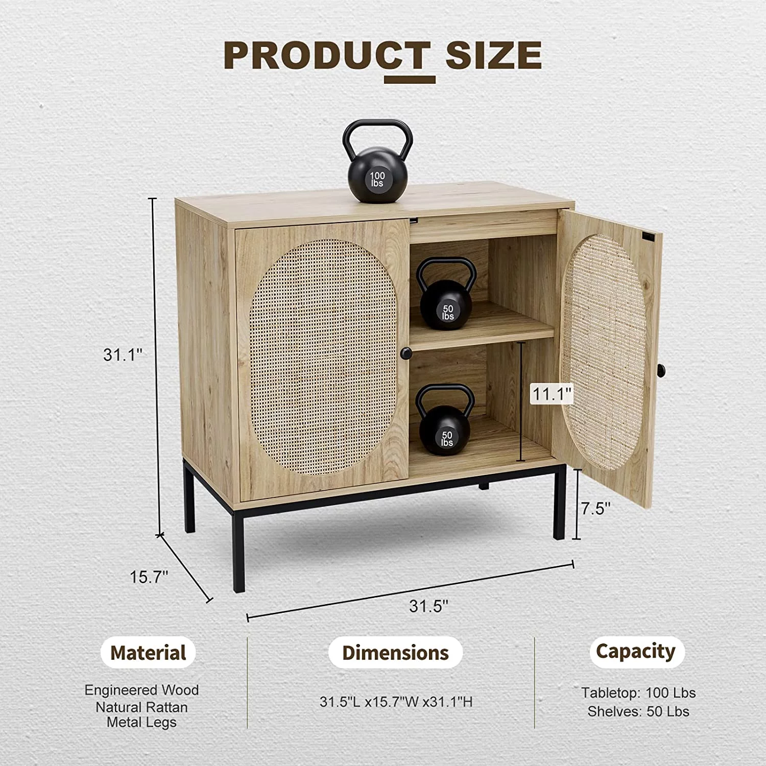 IKIFLY Set of 2 Accent Storage Cabinet with Handmade Natural Rattan Doors - Rattan Sideboard Buffet Cabinet - Kitchen Cupboard Server Console Table for Dining Room, Bedroom, Hallway - Natural