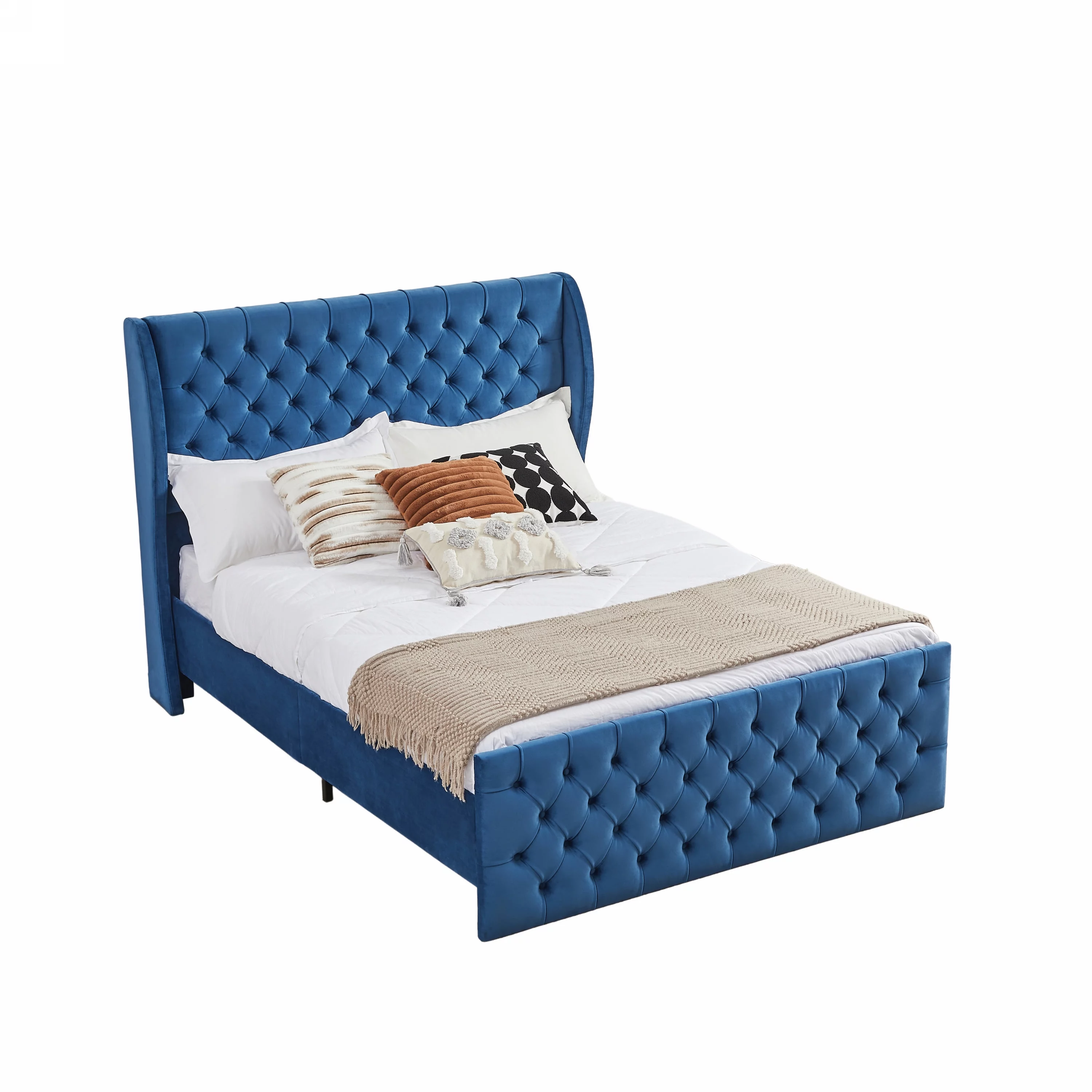 CoSoTower King Size Platform Bed Frame, Velvet Upholstered Sleigh Bed with Scroll Wingback Headboard & Footboard/Button Tufted/No Box Spring Required/Easy Assembly/Blue