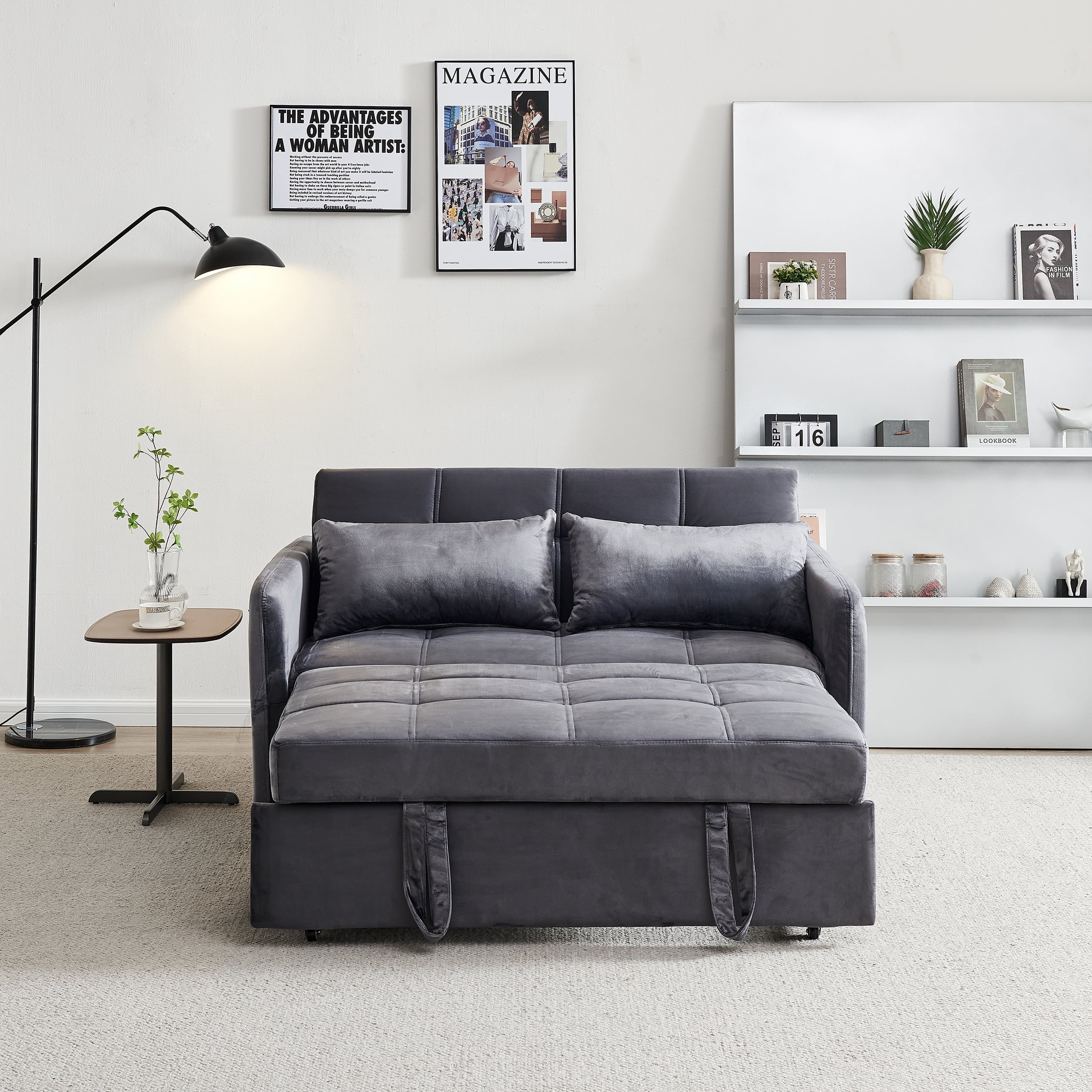 Modern Velvet Pull Out Convertible Sofa Bed, Folding Sleeper Couch Loveseat with Pillows and USB Port for Living Room Bedroom