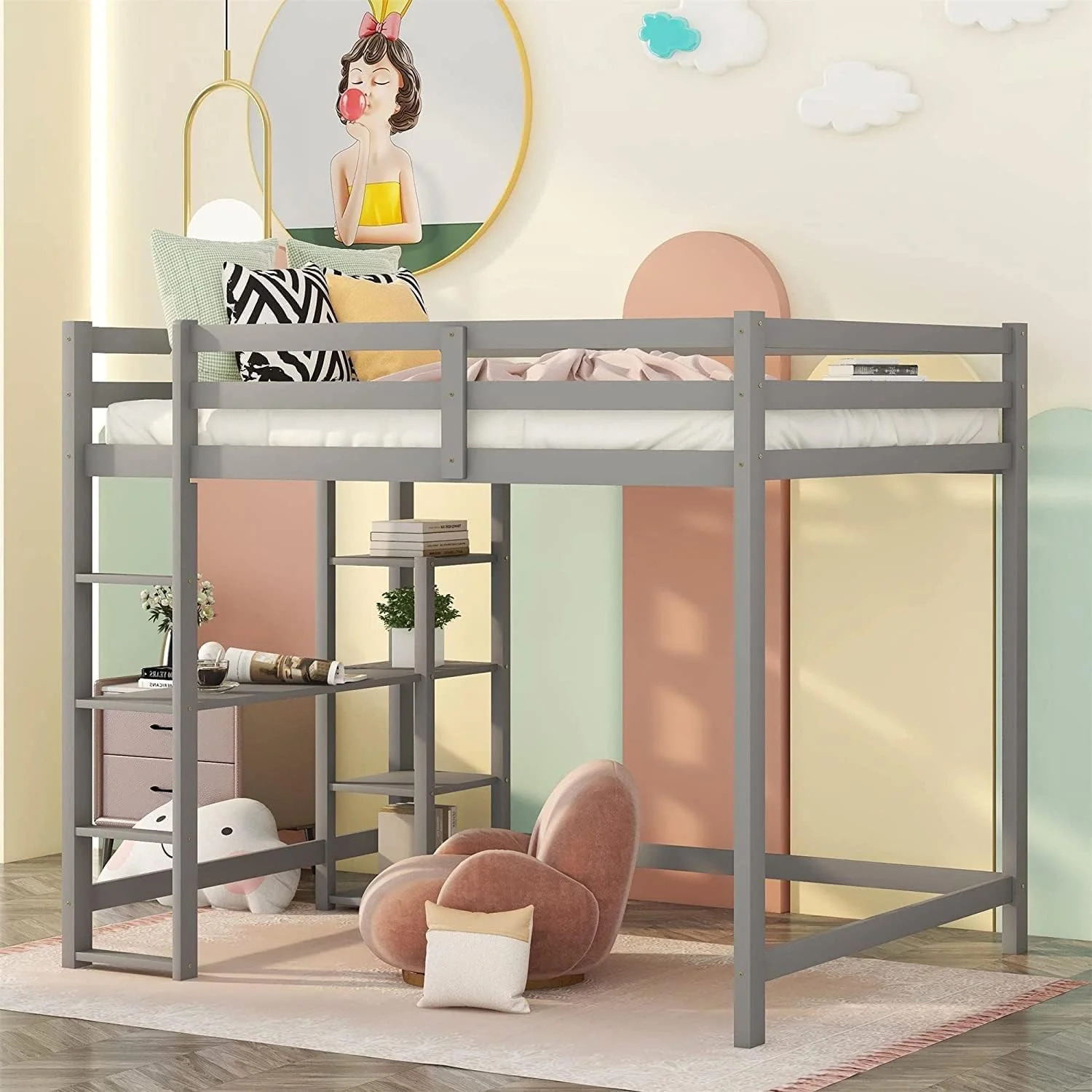 Loft Bed Full Size, Full Loft Bed With Desk Ad Shelves, Woode Loft Bed Full Frame For Kids Adults Boys Girls Tees,o Box Sprig eeded (Full,Gray)