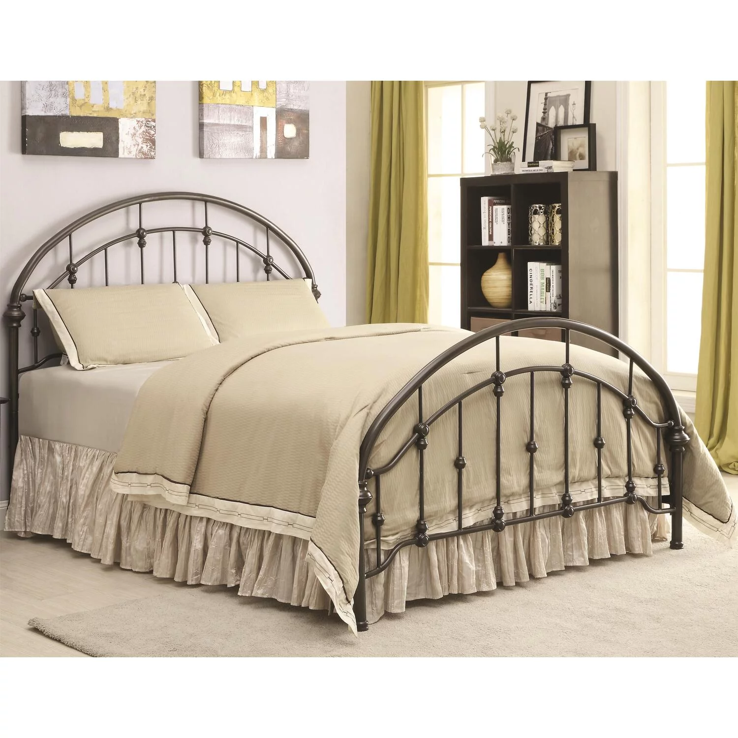 Benzara Metallic Eastern King Size Bed with Double Arched Headboard & Footboard, Dark Bronze
