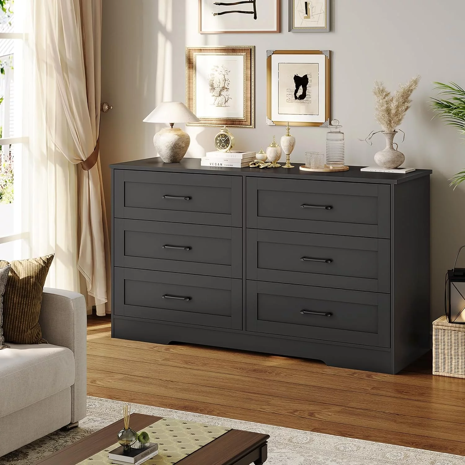 6 Drawer Dresser for Bedroom with Large Desktop, Modern Chest of Drawers Double Dresser Storage Cabinet for Living Room Hallway, Black