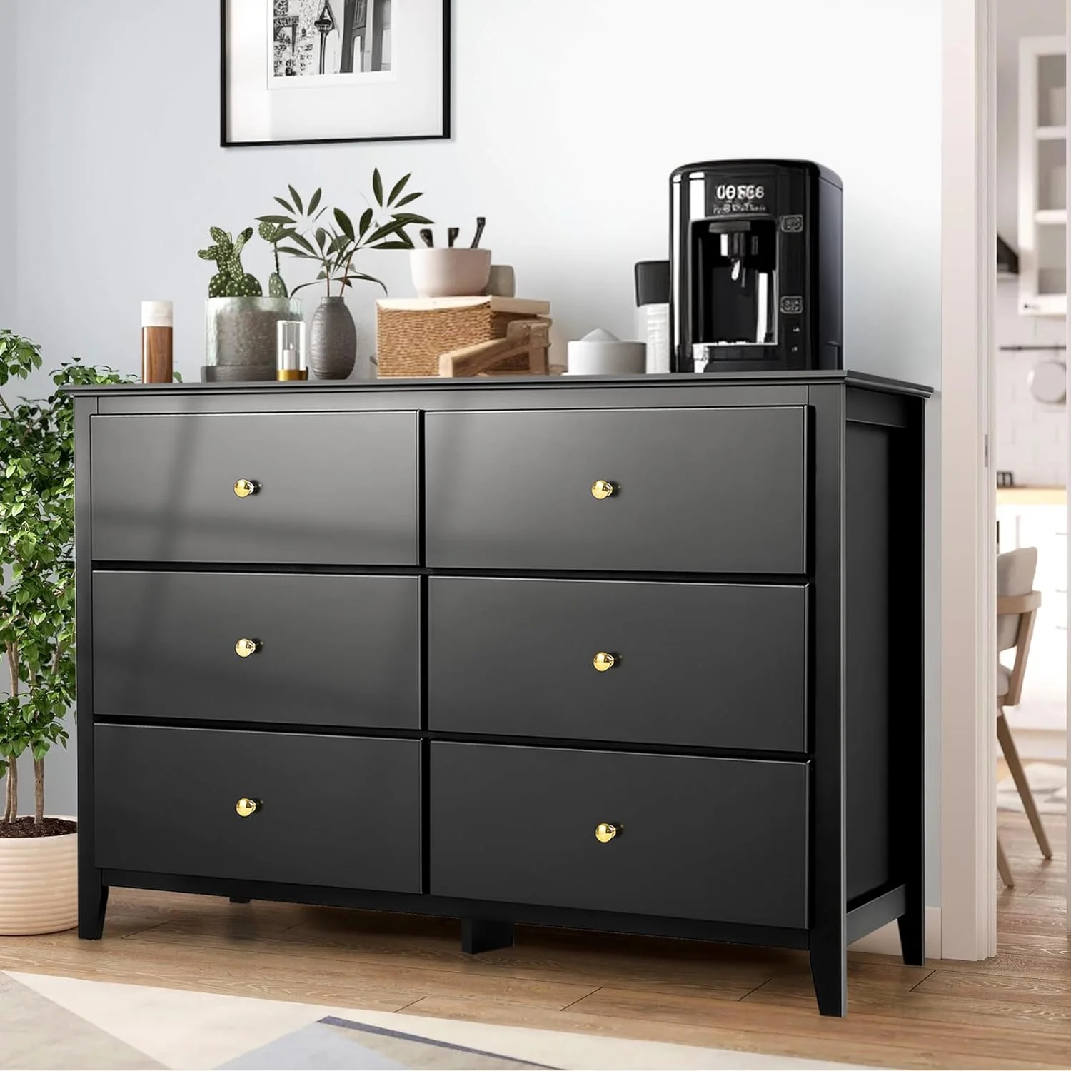 6 Drawer Black Double Dresser, Modern Storage Cabinet with Easy Pull Out Gold Metal Handles for Living Room, Chest of Drawers Wood Organizer Nightstand for Bedroom