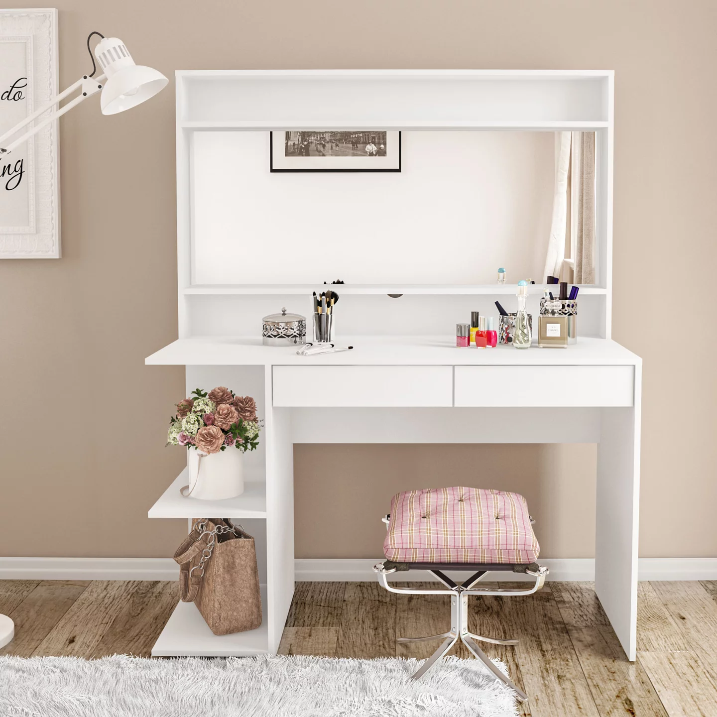 Ember Interiors Quinn Modern White Painted Vanity Table, for Bedroom