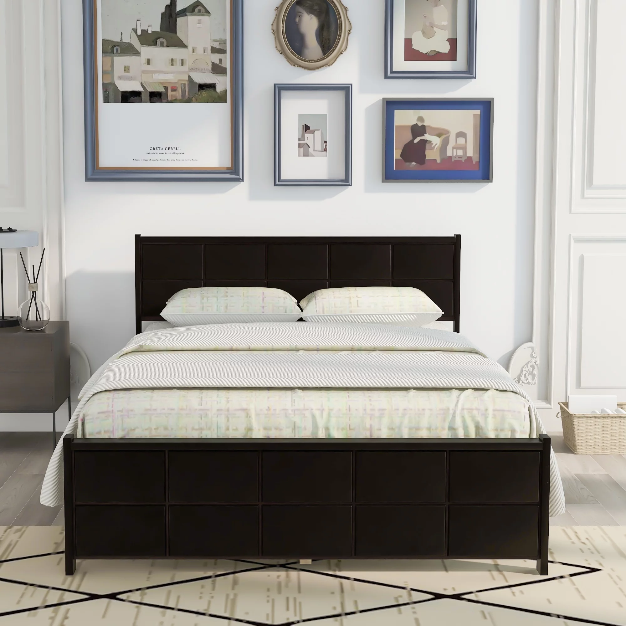 Euroco Queen Platform Bed, Wood Frame with Headboard and Footboard for Kids, Espresso