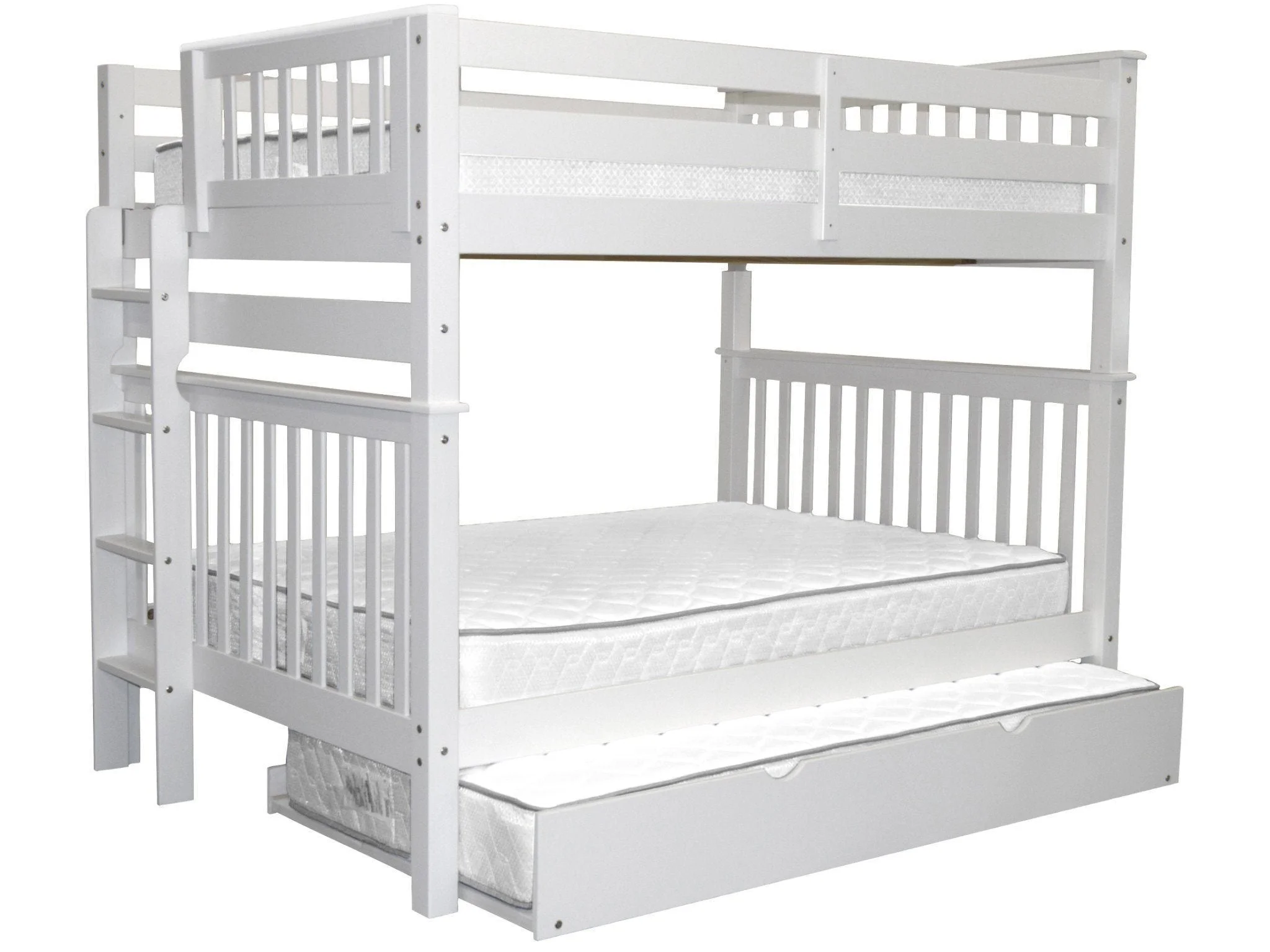 Bedz King Bunk Beds Full over Full Mission Style with End Ladder and a Twin Trundle, White