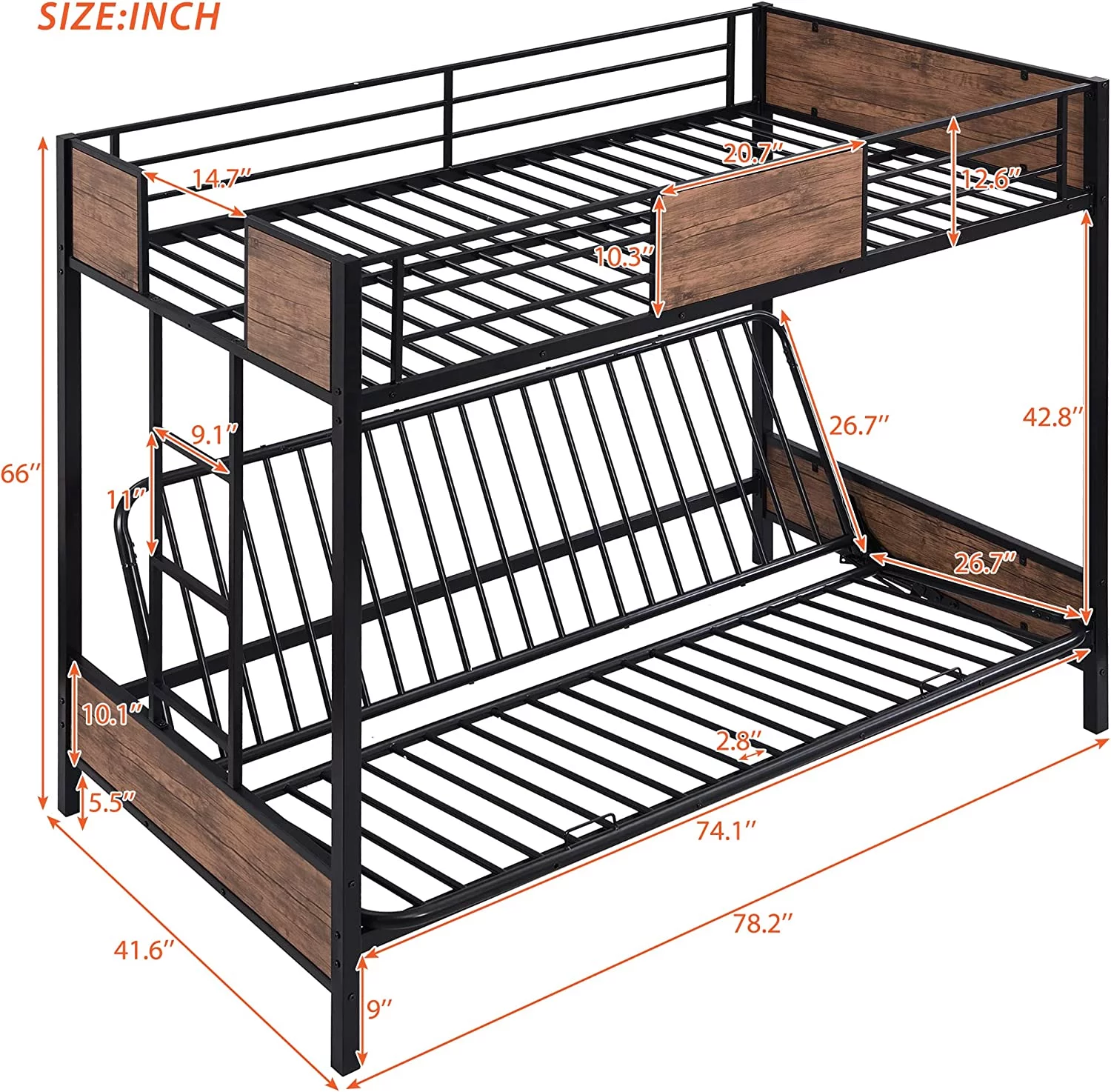 Twin-Over-Futon Couch And Bed, Metal Futon Bunk Bed With Guardrails And Ladder (Black)