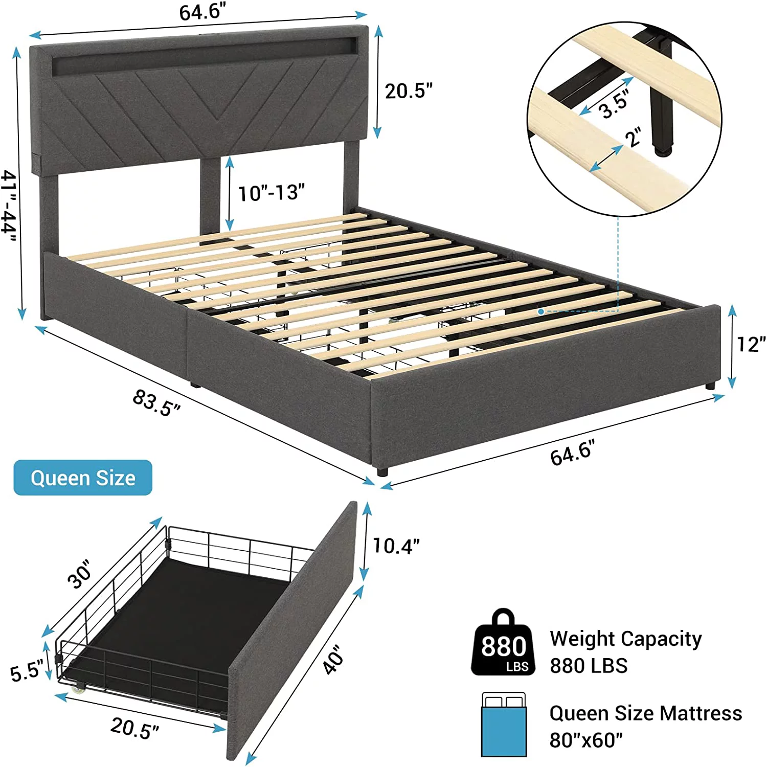 Tiptiper Queen Bed Frame with LED Lights Headboard, 2 USB Charging Station and 4 Drawers, Upholstered Platform Bed Frame, Dark Gray