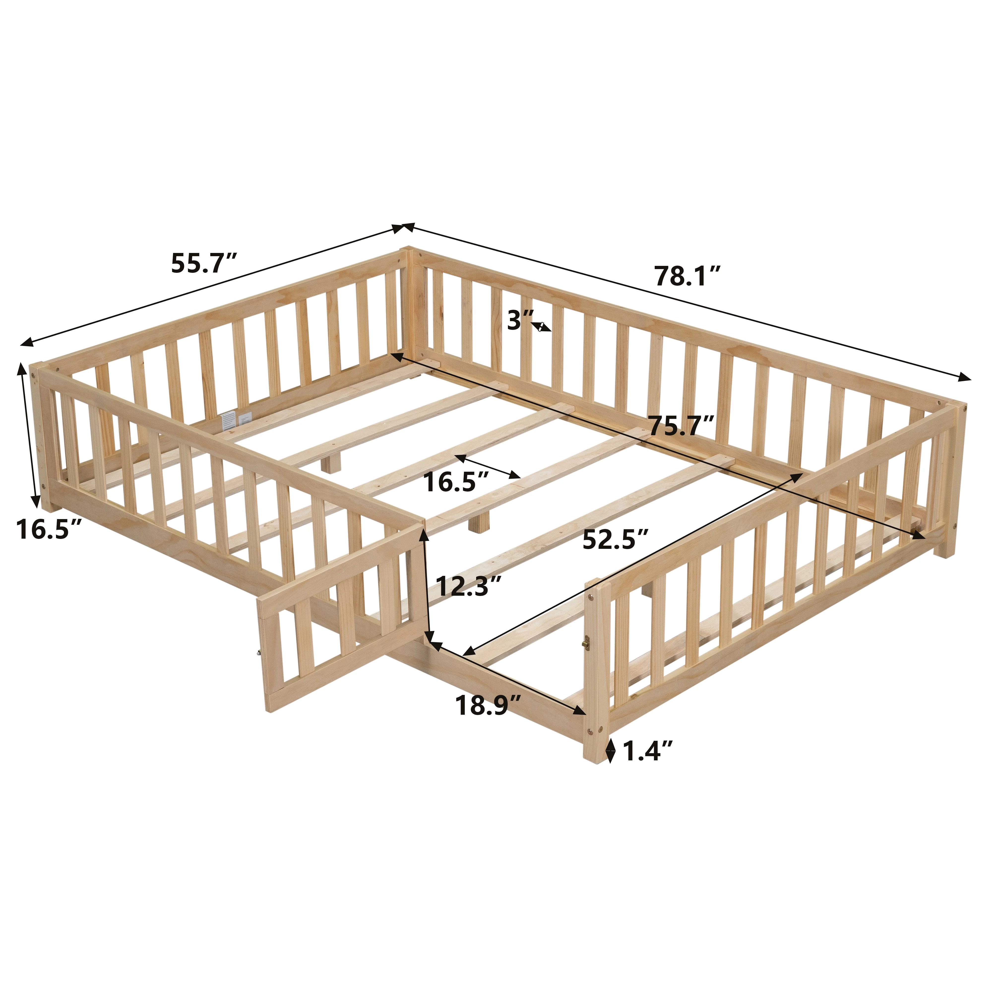 CoSoTower Full Size Floor Platform Bed with Fence and Door for Kids, Montessori Floor Bed Frame with Support Slats for Toddlers, Wooden Floor Bed Natural