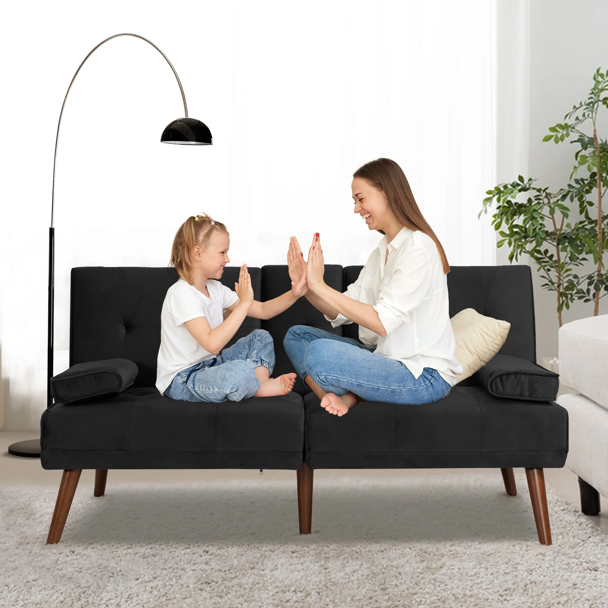 Walsunny 60”Convertible Sofa Bed Small Folding Loveseat Couch Removable Armrest, Modern Futon Recliner Sleeper wIth 2 Cup Holder Black