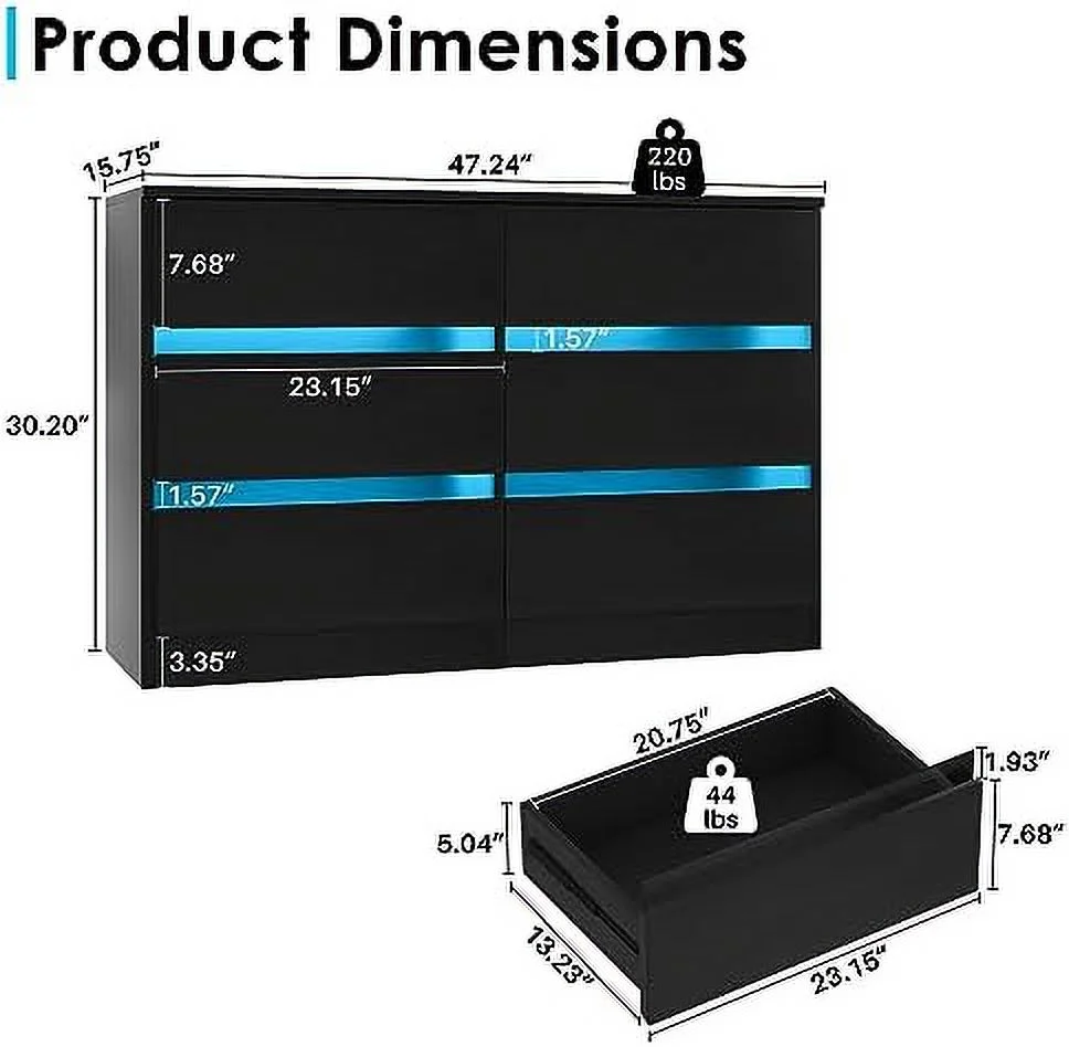 RUNFAYBIU 6 Drawer Double Dresser Bedroom Dresser with LED Light Wood Dresser for Nursery Living Room Hallway Handless Design 47.2''W×15.7''D×30.2''H (Black)