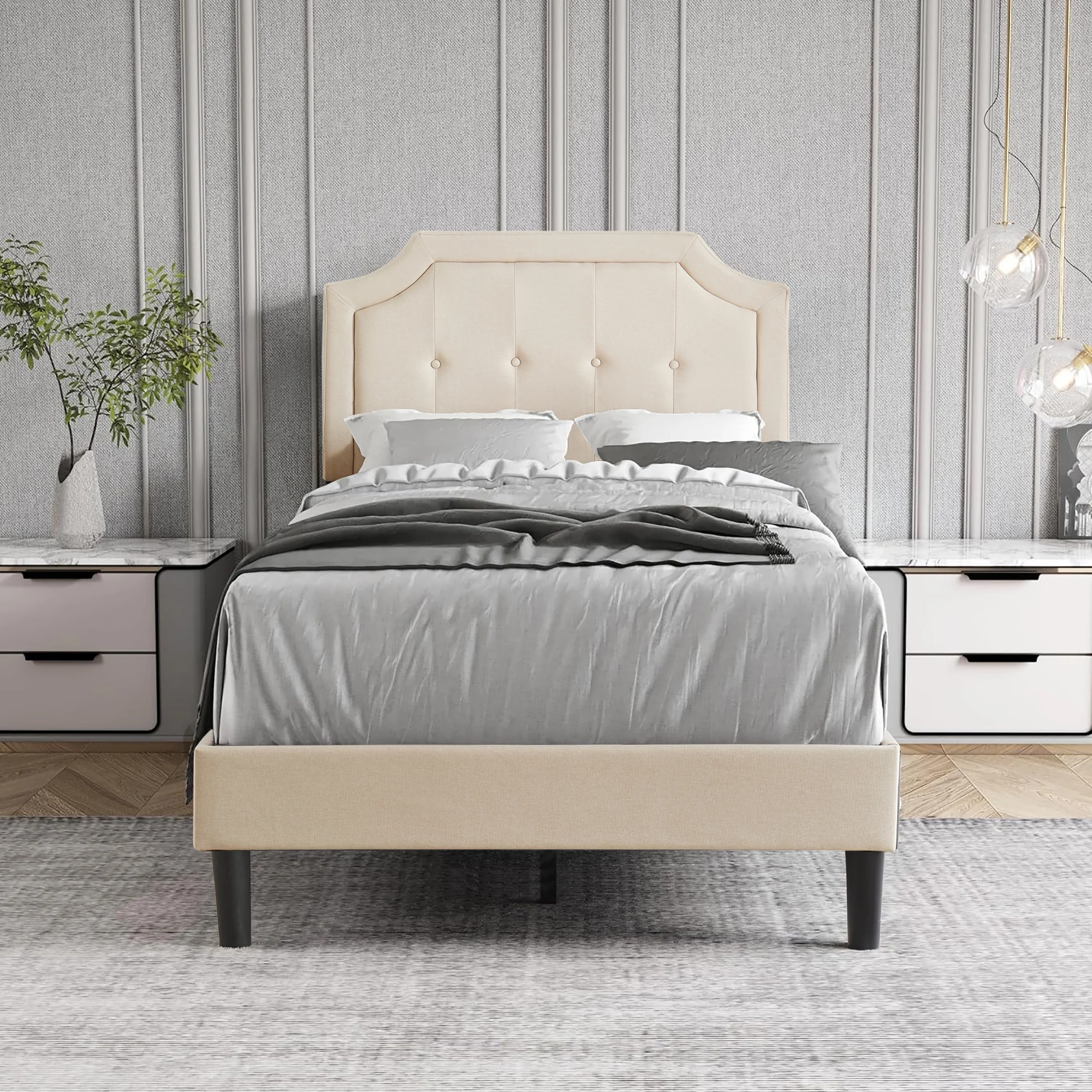 VECELO Twin Upholstered Platform Bed Frame with Height Adjustable Tufted Button Headboard, No Box Spring Needed, Beige