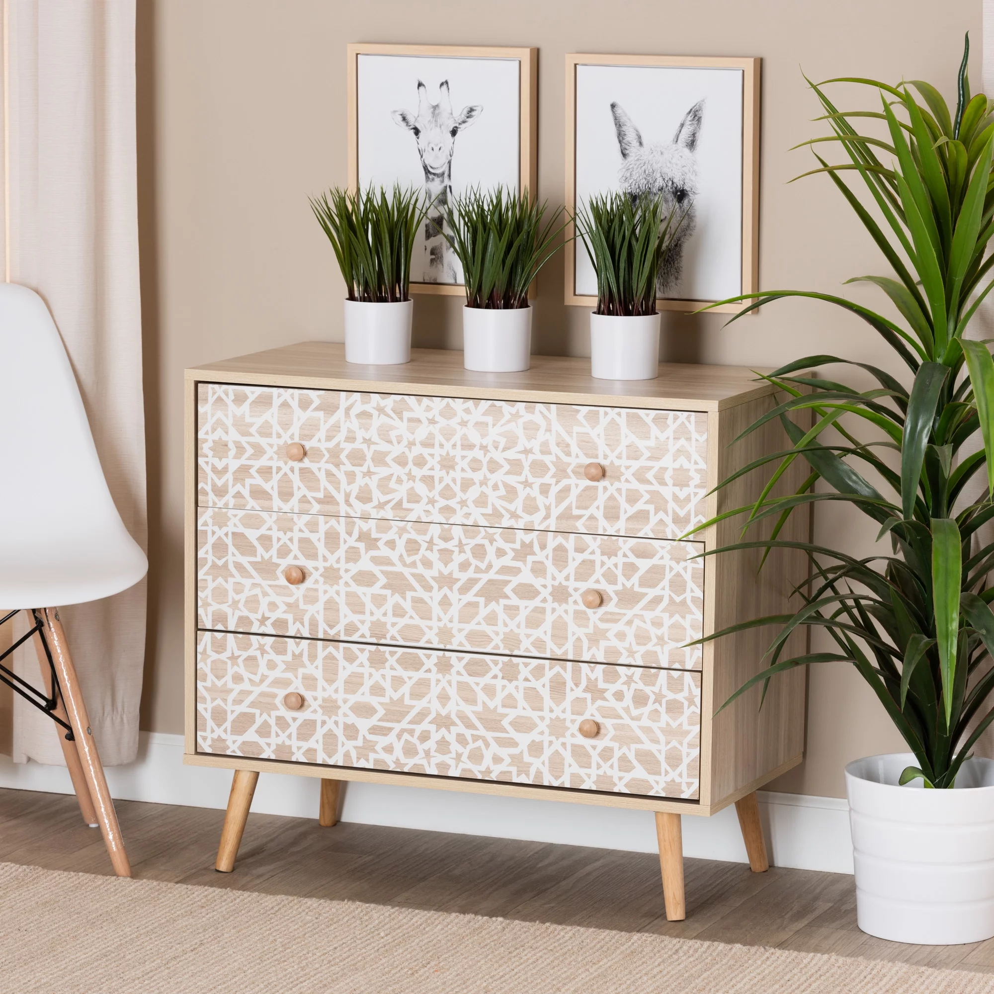 Baxton Studio Beau Mid-Century Modern Transitional Two-Tone White and Oak Brown Finished Wood 3-Drawer Storage Cabinet