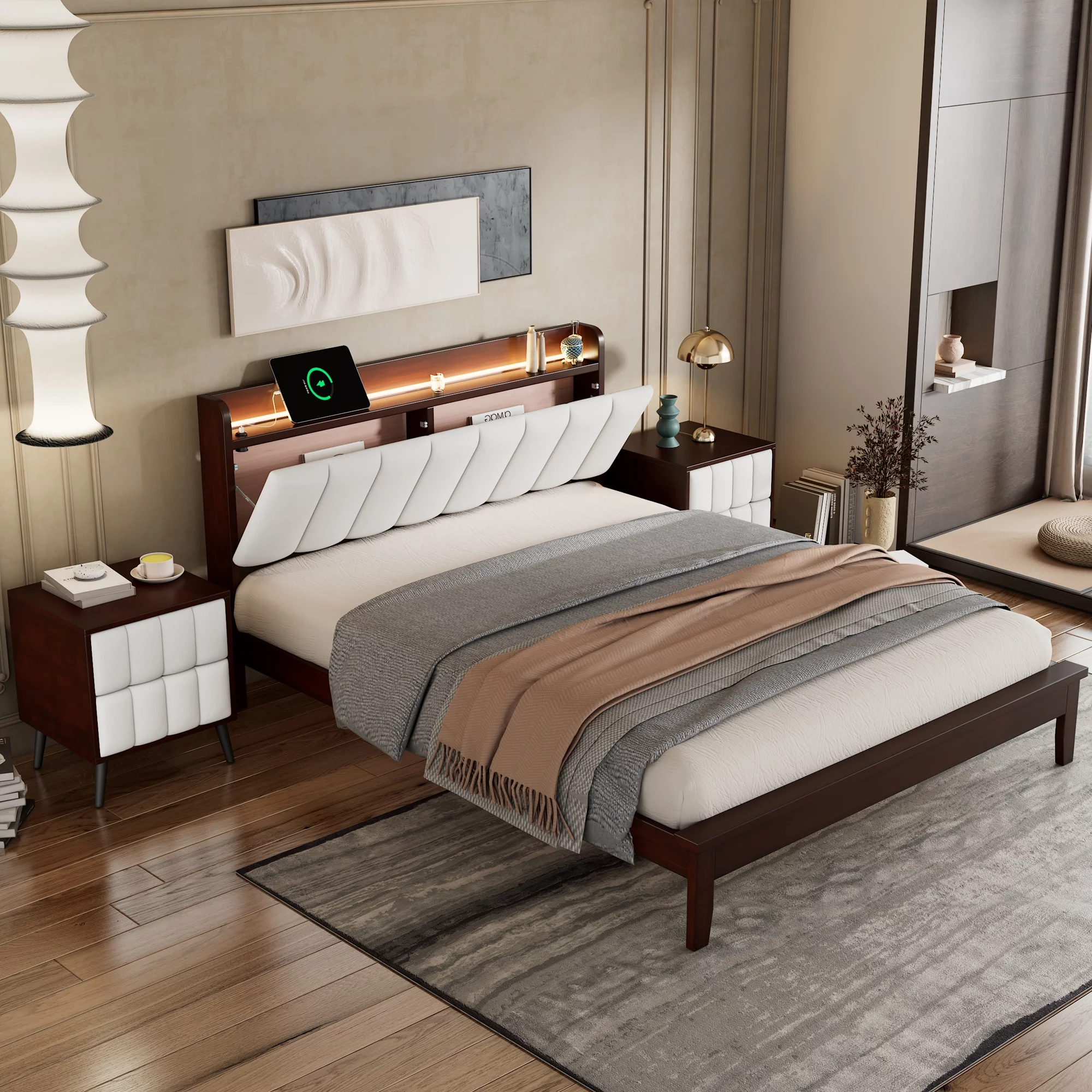Churanty 3-Pieces Bedroom Sets,Queen Size Wood Platform Bed and Two Nightstands,Storage Platform bed with USB and LED Lights-Walnut+Beige