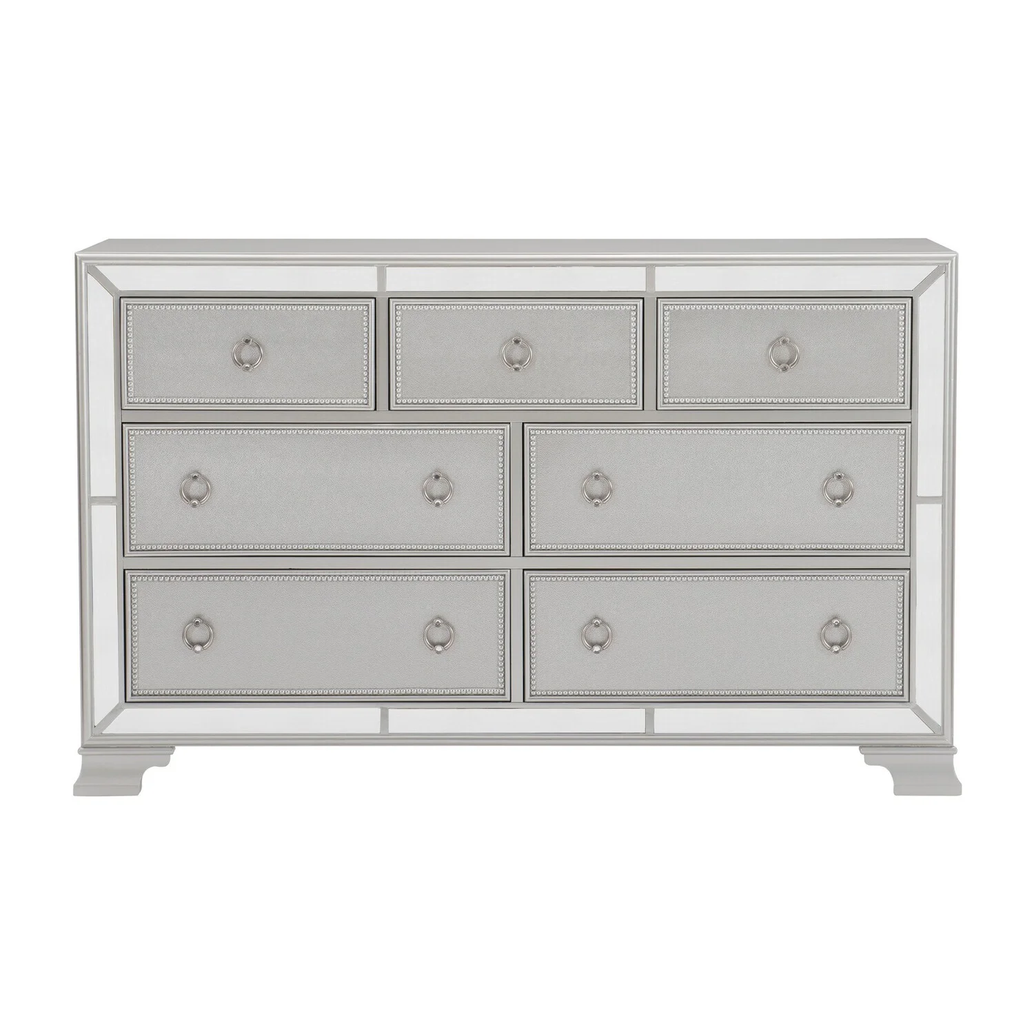 Benjara 7 Drawer Wooden Dresser with Mirror Trim and Ring Pulls, Silver
