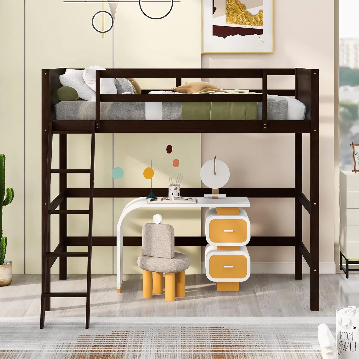 Loft Bed,Wooden Loft Bed With Angled Ladder For Kids,Teens, Espresso