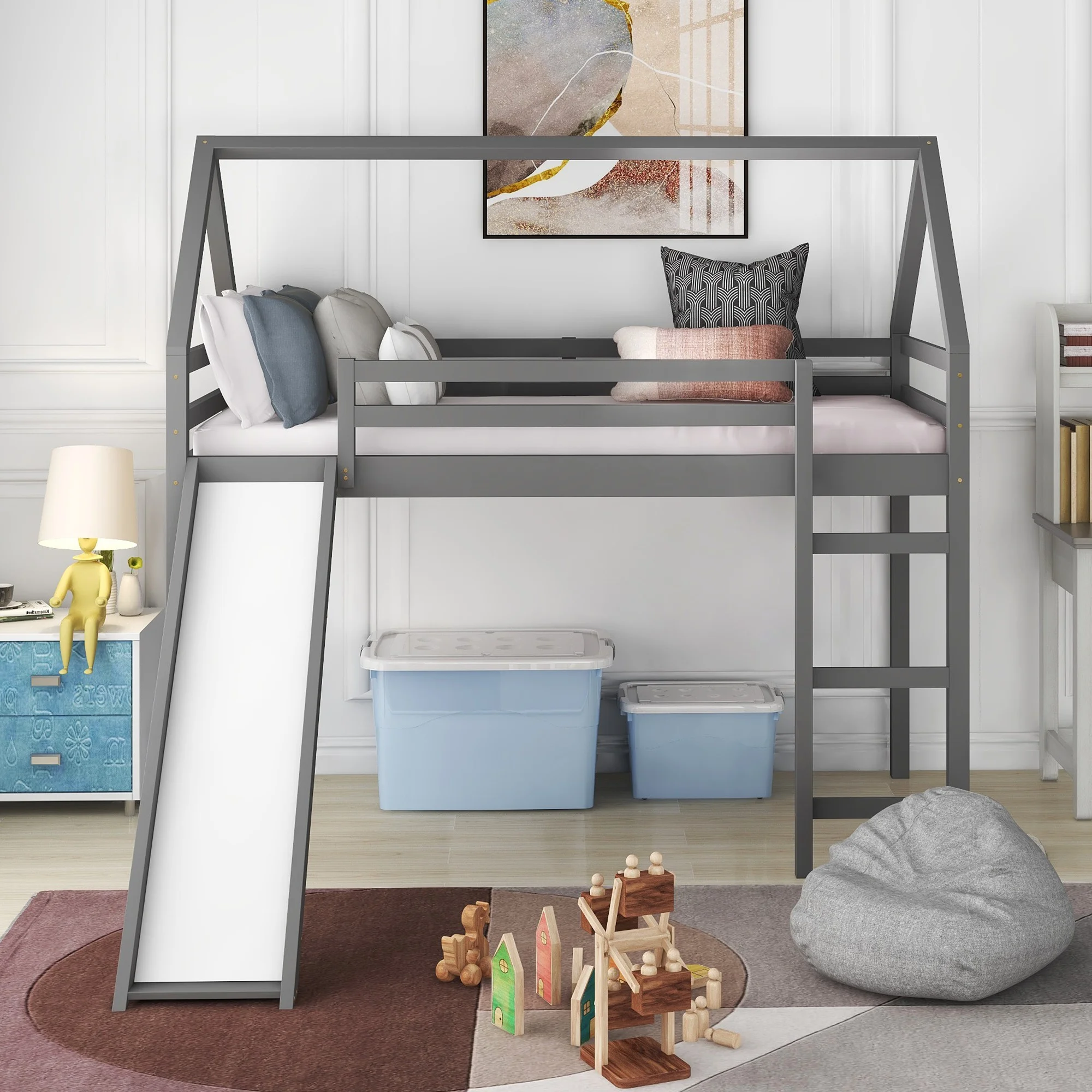 Homeroots 404215 77 x 42 x 72 in. Gray Twin Size Slide House Loft Bed